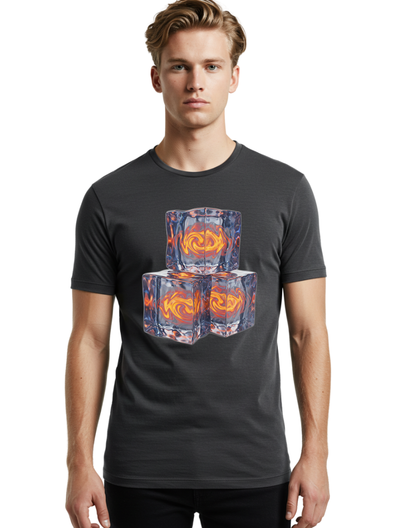 3D-Glass-Cubes Men'S Graphic Tee, 100% Cotton, Comfortable Casual Summer Wear, Machine Washable, Lava Ice, Orange Swirls, Red Molten, Glassy Texture, Reflective Surfaces, Abstract Design, Cube Shape, Fiery Patterns, Cool Contrast Bac574 30