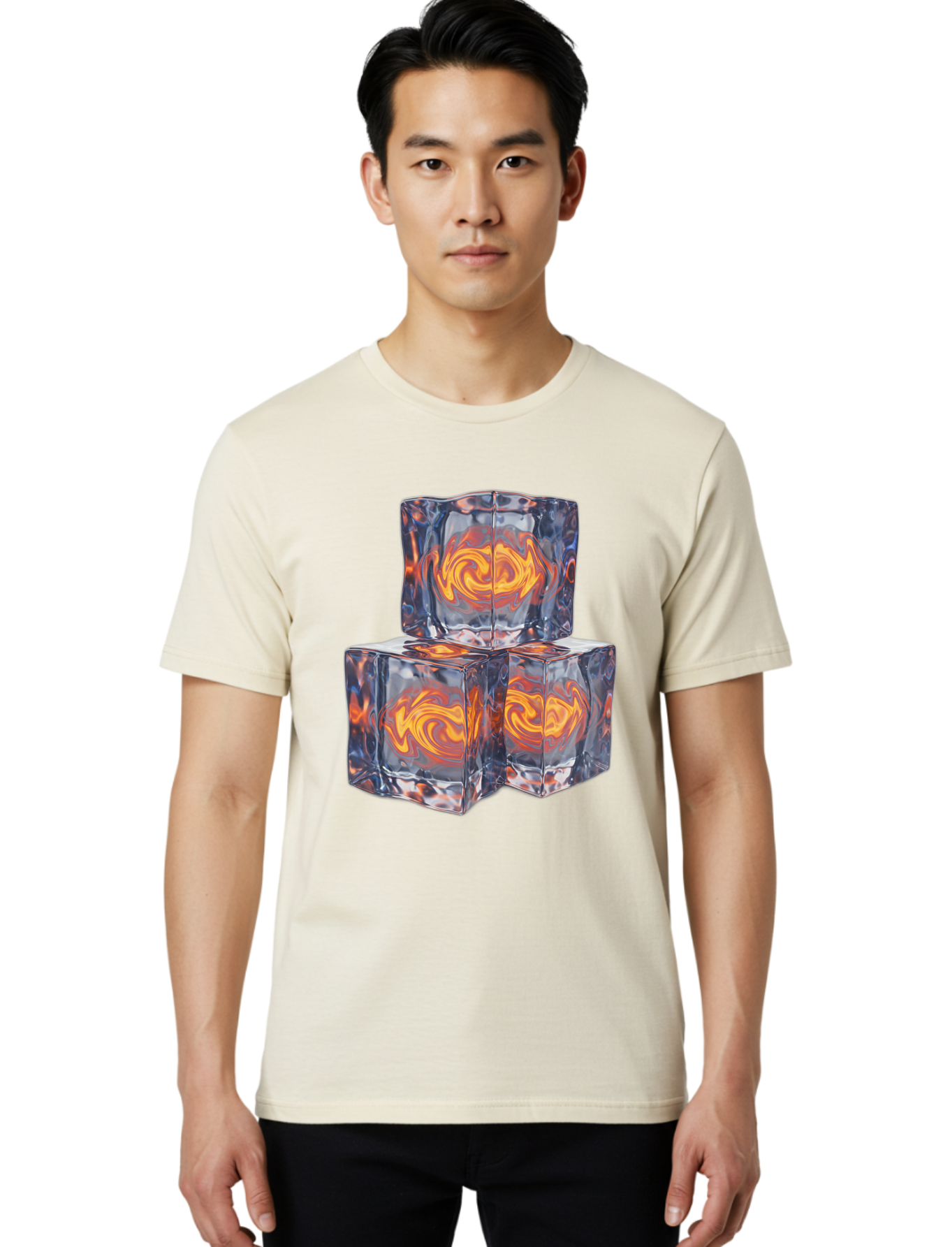 3D-Glass-Cubes Men'S Graphic Tee, 100% Cotton, Comfortable Casual Summer Wear, Machine Washable, Lava Ice, Orange Swirls, Red Molten, Glassy Texture, Reflective Surfaces, Abstract Design, Cube Shape, Fiery Patterns, Cool Contrast Bac574 24