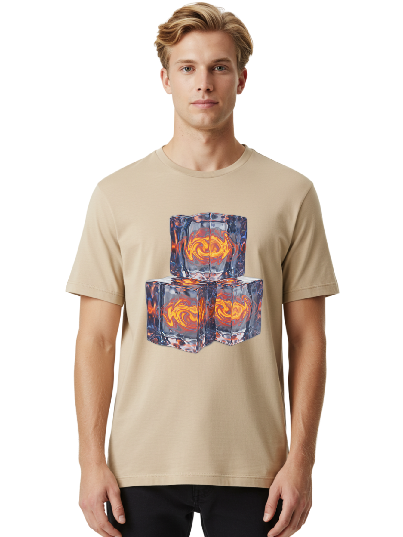 3D-Glass-Cubes Men'S Graphic Tee, 100% Cotton, Comfortable Casual Summer Wear, Machine Washable, Lava Ice, Orange Swirls, Red Molten, Glassy Texture, Reflective Surfaces, Abstract Design, Cube Shape, Fiery Patterns, Cool Contrast Bac574 21