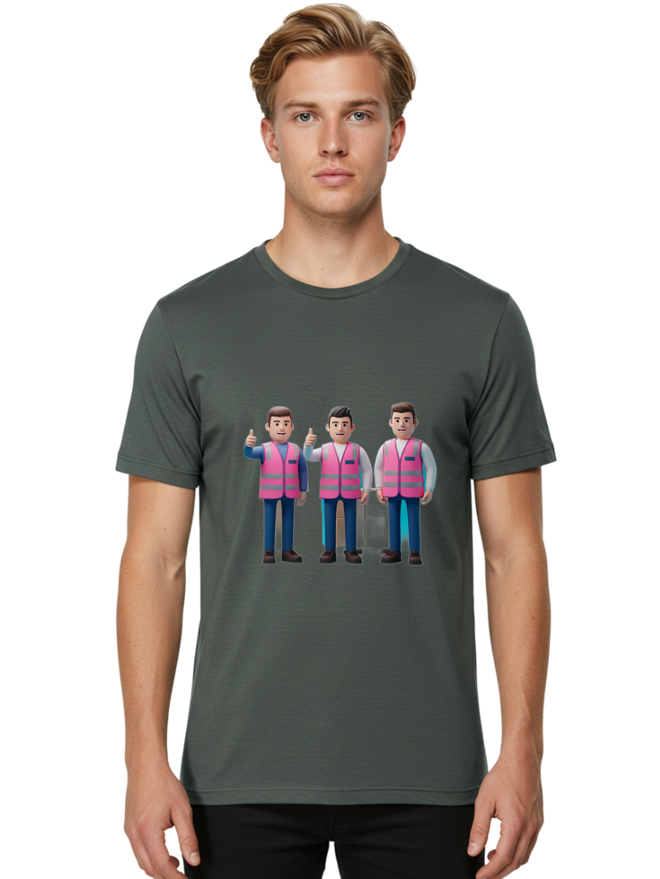 3D-Men-In-Safety-Vests Men'S Graphic Tee, 100% Cotton, Comfortable Casual Summer Wear, Machine Washable, Male Workers Wearing Pink Safety Vests, Construction Workers, 3D Illustration, Thumbs Up, Teamwork, Occupational Safety, Reflective Vests Bac575 24