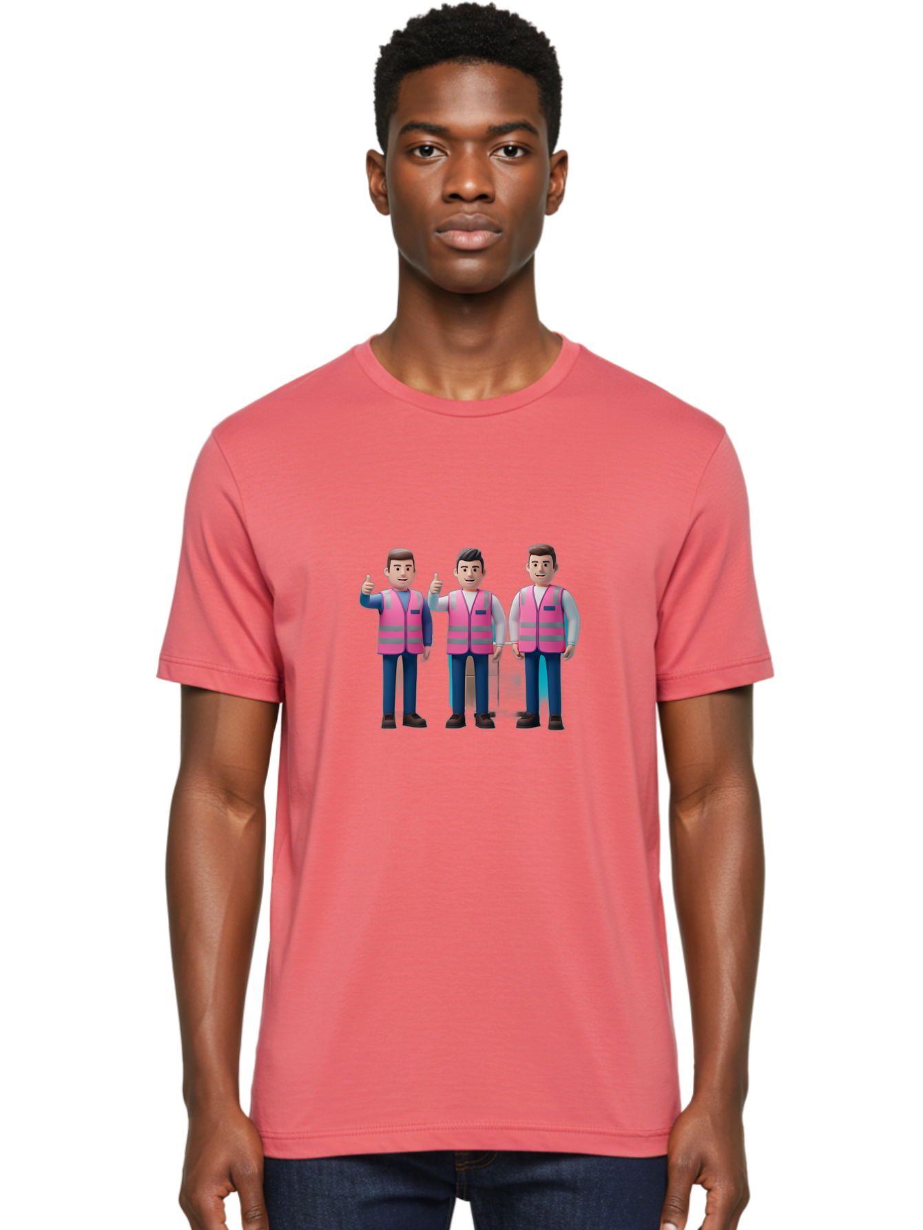 3D-Men-In-Safety-Vests Men'S Graphic Tee, 100% Cotton, Comfortable Casual Summer Wear, Machine Washable, Male Workers Wearing Pink Safety Vests, Construction Workers, 3D Illustration, Thumbs Up, Teamwork, Occupational Safety, Reflective Vests Bac575 16