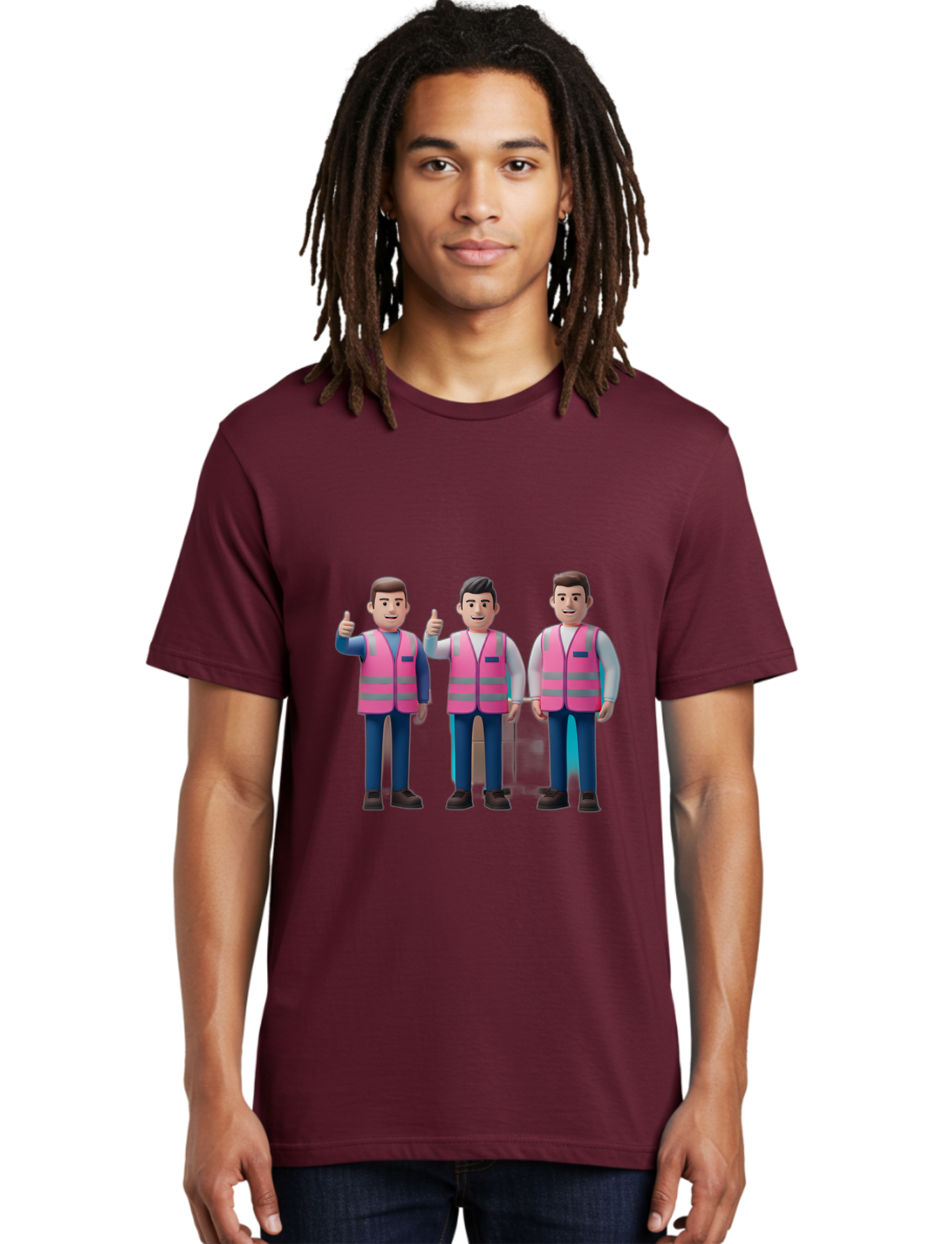 3D-Men-In-Safety-Vests Men'S Graphic Tee, 100% Cotton, Comfortable Casual Summer Wear, Machine Washable, Male Workers Wearing Pink Safety Vests, Construction Workers, 3D Illustration, Thumbs Up, Teamwork, Occupational Safety, Reflective Vests Bac575 30