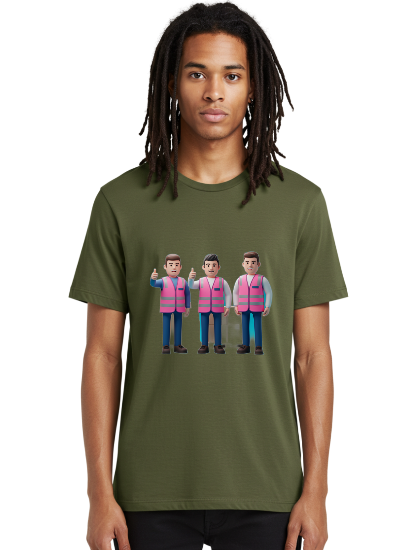 3D-Men-In-Safety-Vests Men'S Graphic Tee, 100% Cotton, Comfortable Casual Summer Wear, Machine Washable, Male Workers Wearing Pink Safety Vests, Construction Workers, 3D Illustration, Thumbs Up, Teamwork, Occupational Safety, Reflective Vests Bac575 18