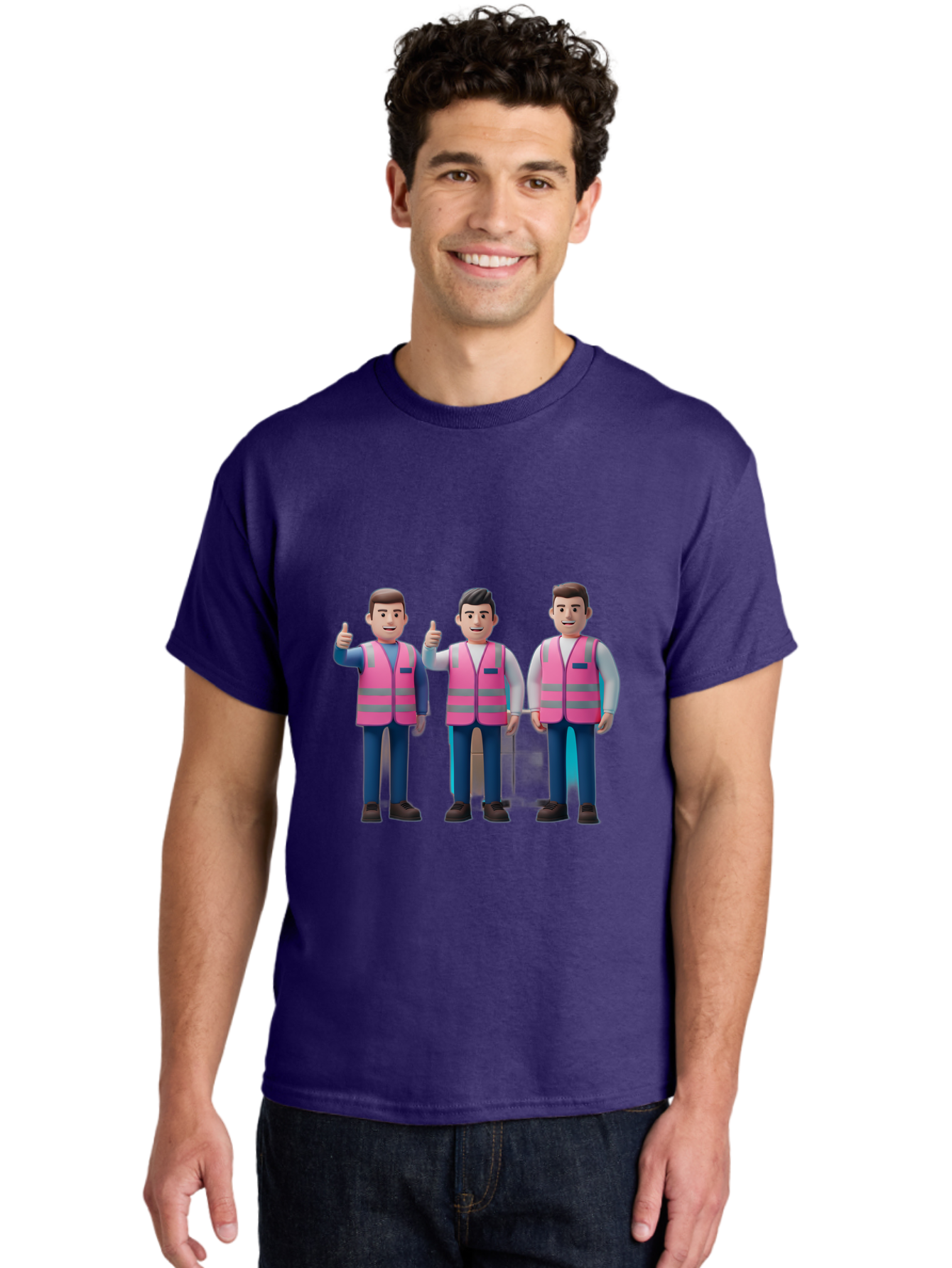 3D-Men-In-Safety-Vests Men'S Graphic Tee, 100% Cotton, Comfortable Casual Summer Wear, Machine Washable, Male Workers Wearing Pink Safety Vests, Construction Workers, 3D Illustration, Thumbs Up, Teamwork, Occupational Safety, Reflective Vests Bac575 29