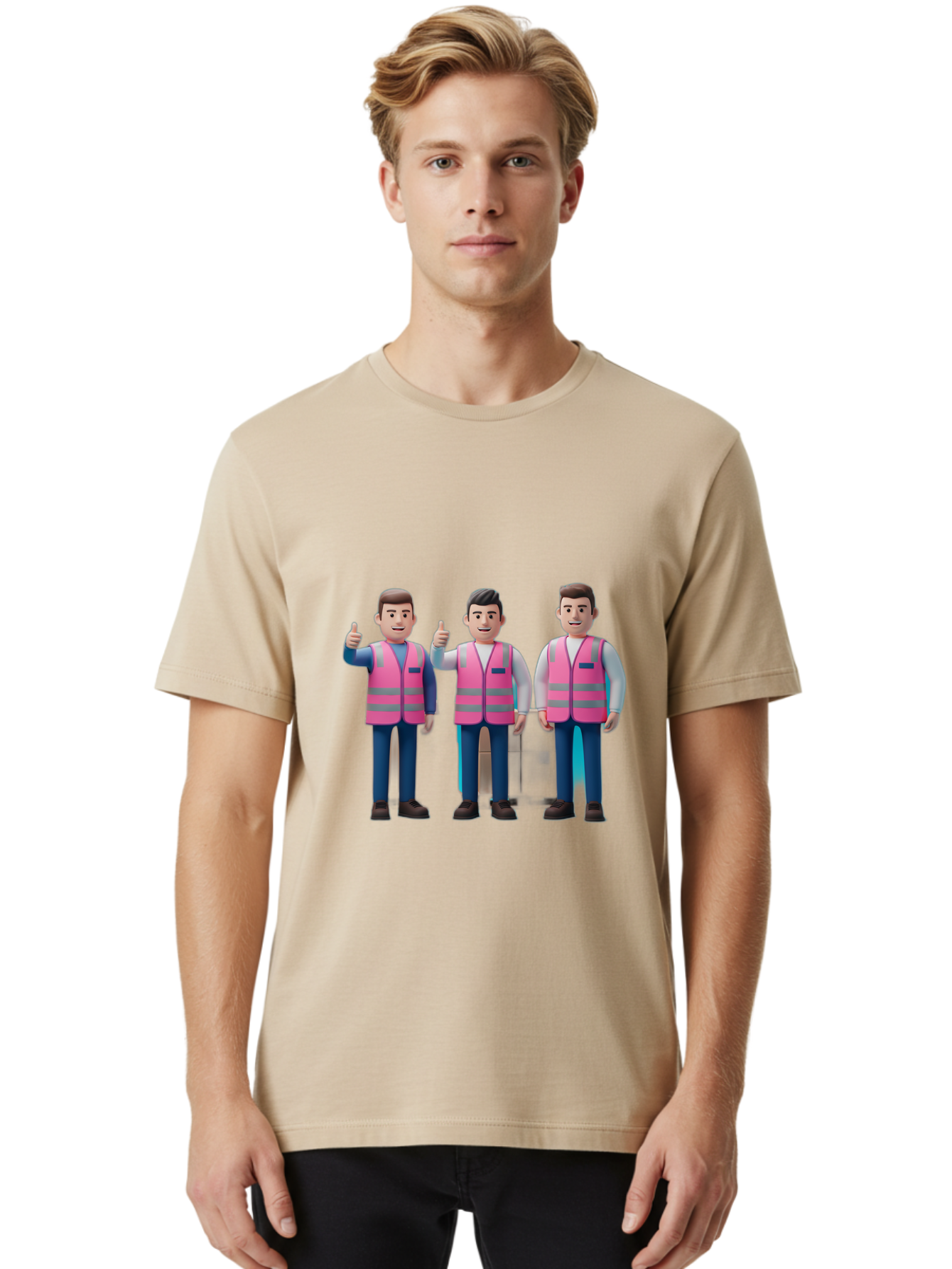 3D-Men-In-Safety-Vests Men'S Graphic Tee, 100% Cotton, Comfortable Casual Summer Wear, Machine Washable, Male Workers Wearing Pink Safety Vests, Construction Workers, 3D Illustration, Thumbs Up, Teamwork, Occupational Safety, Reflective Vests Bac575 26