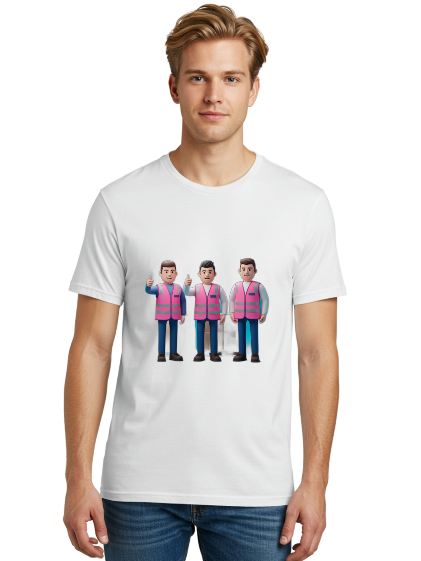 3D-Men-In-Safety-Vests Men'S Graphic Tee, 100% Cotton, Comfortable Casual Summer Wear, Machine Washable, Male Workers Wearing Pink Safety Vests, Construction Workers, 3D Illustration, Thumbs Up, Teamwork, Occupational Safety, Reflective Vests Bac575 25