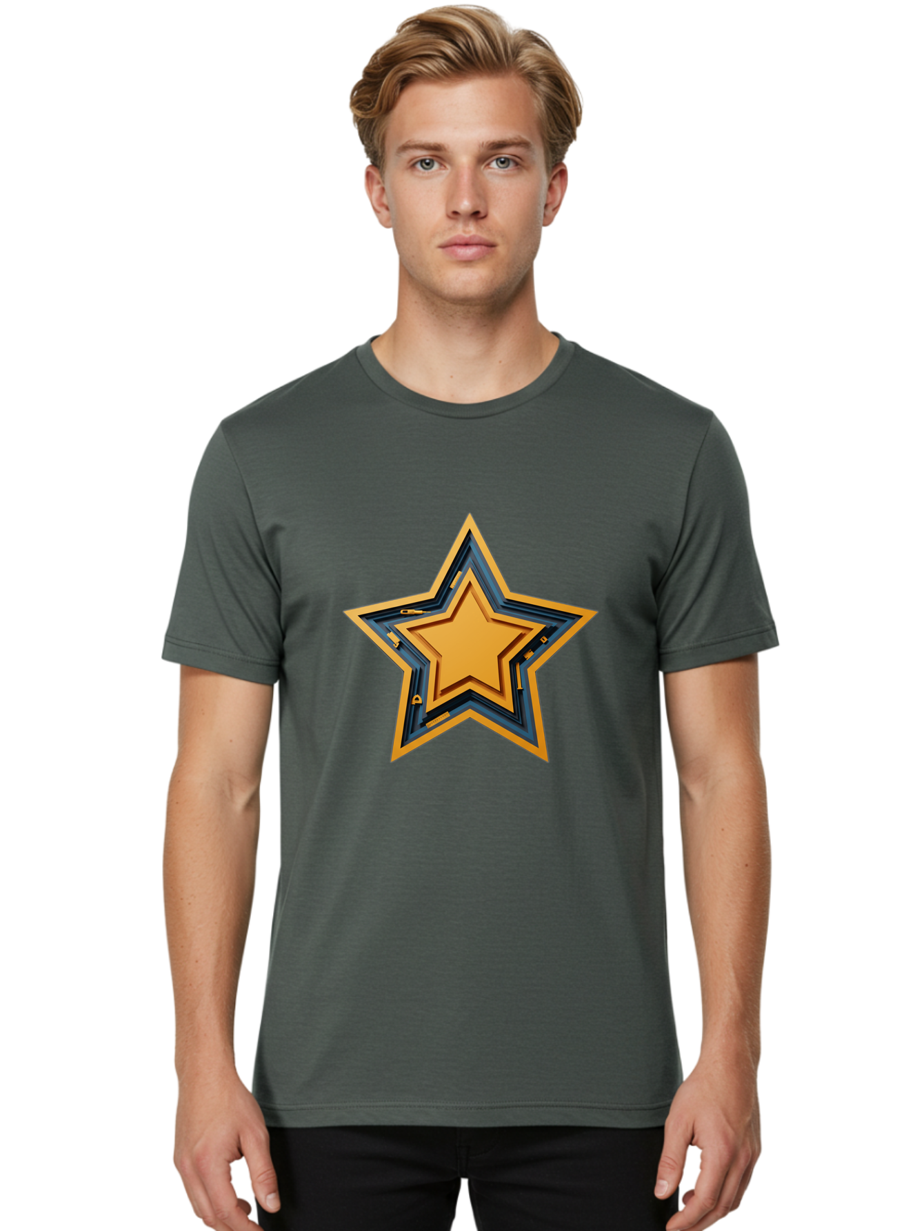 3D-Star Men'S Graphic Tee, 100% Cotton, Comfortable Casual Summer Wear, Machine Washable, Golden Star, Star Symbol, Layered Star, 3D Effect, Golden Color, Blue Outline, Star Icon, Emblem Design, Logo Graphic, Graphic Element Bac576 24