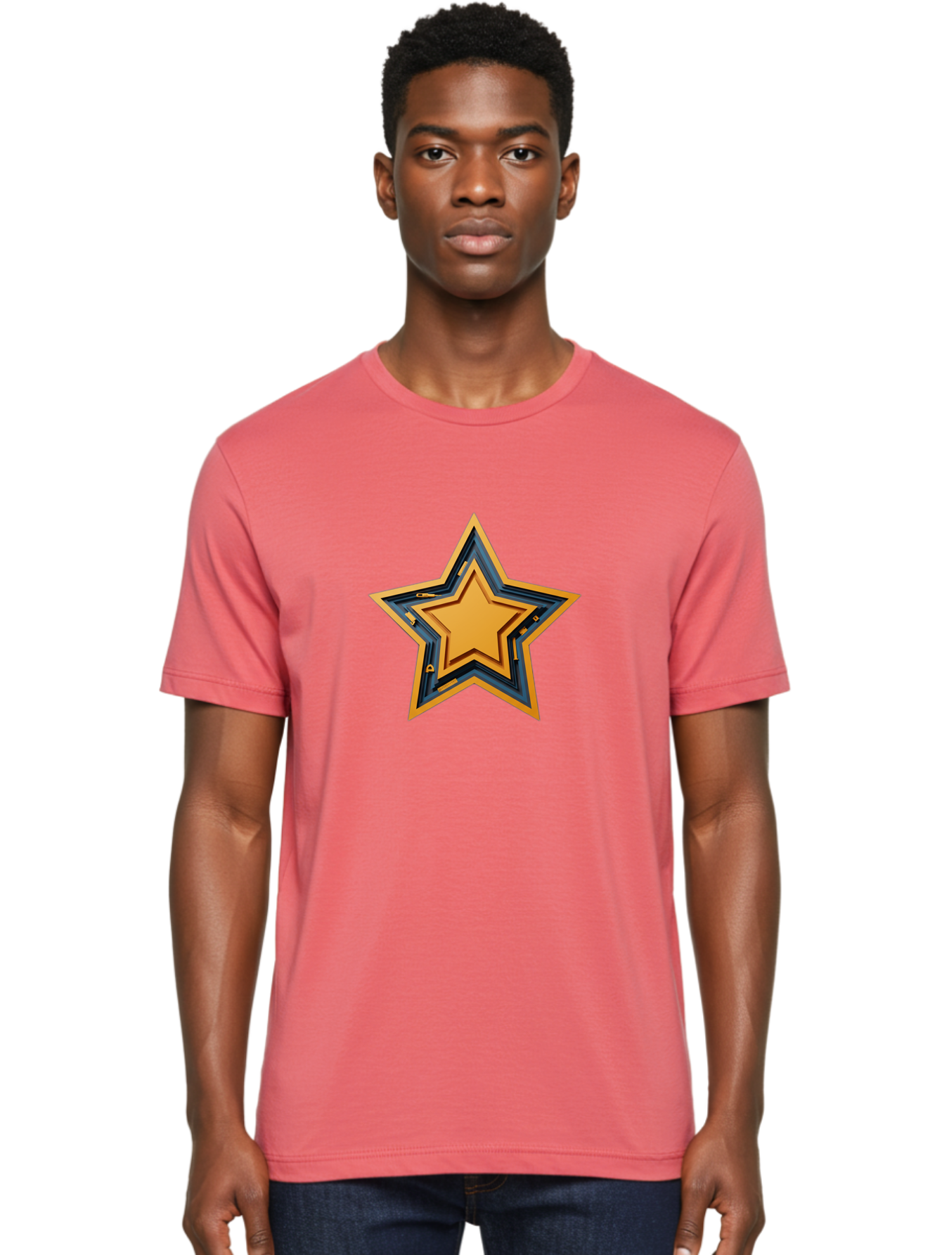 3D-Star Men'S Graphic Tee, 100% Cotton, Comfortable Casual Summer Wear, Machine Washable, Golden Star, Star Symbol, Layered Star, 3D Effect, Golden Color, Blue Outline, Star Icon, Emblem Design, Logo Graphic, Graphic Element Bac576 29