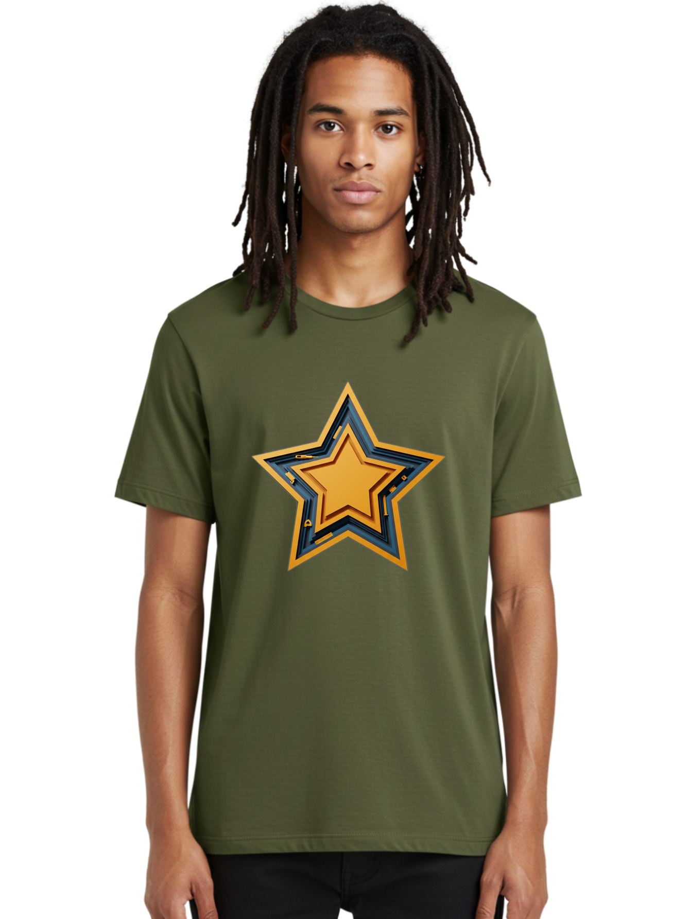 3D-Star Men'S Graphic Tee, 100% Cotton, Comfortable Casual Summer Wear, Machine Washable, Golden Star, Star Symbol, Layered Star, 3D Effect, Golden Color, Blue Outline, Star Icon, Emblem Design, Logo Graphic, Graphic Element Bac576 23