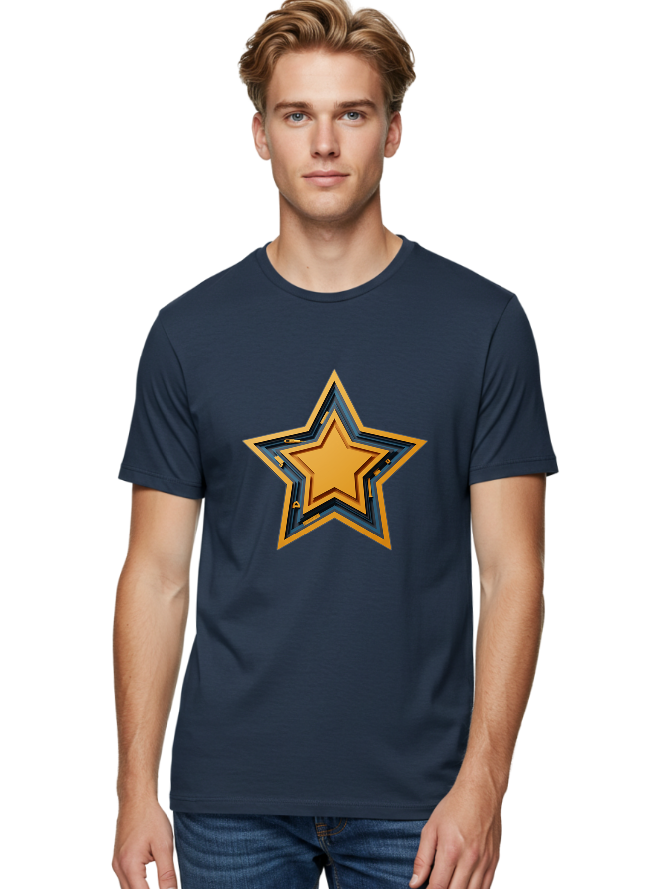 3D-Star Men'S Graphic Tee, 100% Cotton, Comfortable Casual Summer Wear, Machine Washable, Golden Star, Star Symbol, Layered Star, 3D Effect, Golden Color, Blue Outline, Star Icon, Emblem Design, Logo Graphic, Graphic Element Bac576 20