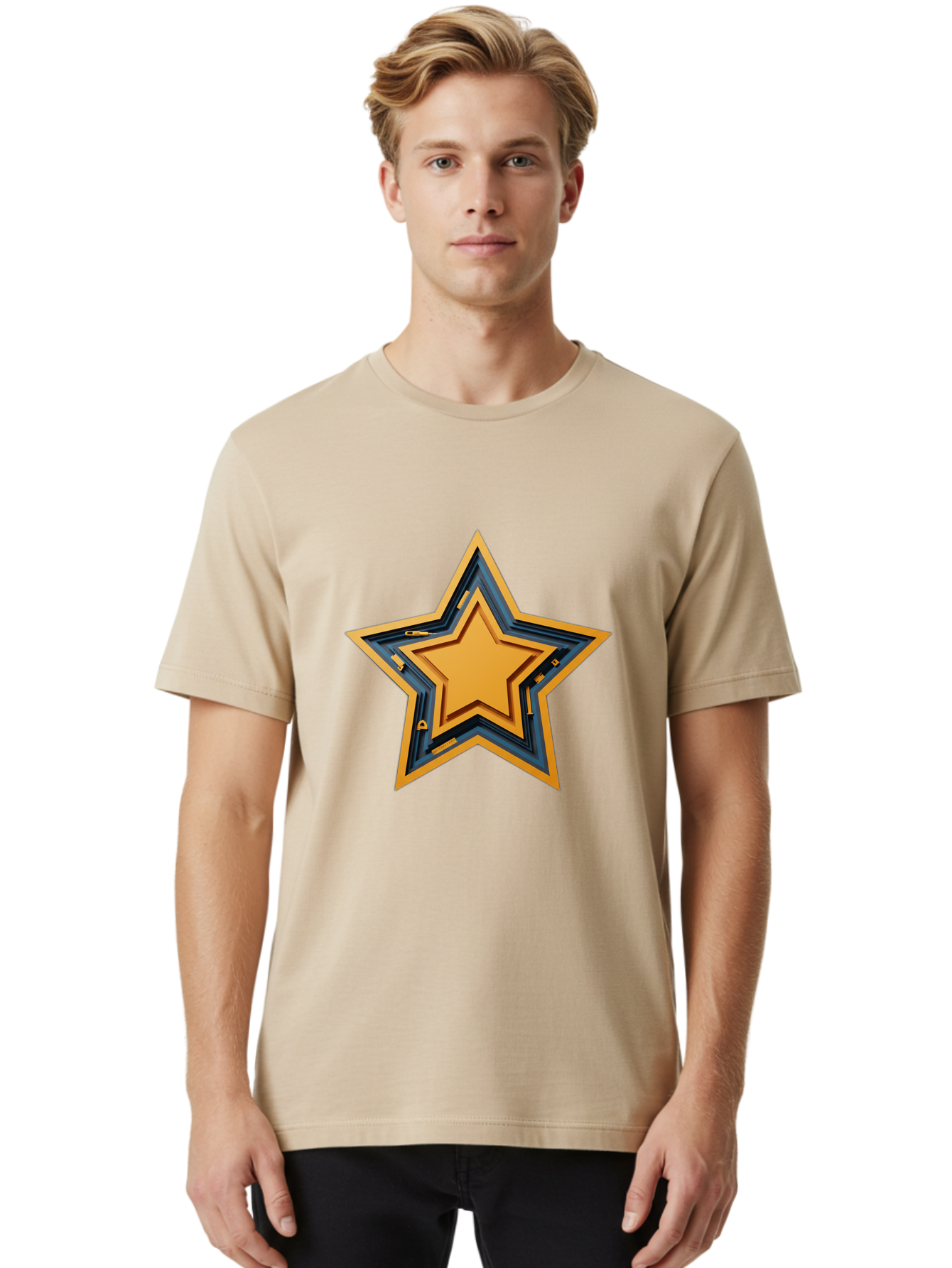3D-Star Men'S Graphic Tee, 100% Cotton, Comfortable Casual Summer Wear, Machine Washable, Golden Star, Star Symbol, Layered Star, 3D Effect, Golden Color, Blue Outline, Star Icon, Emblem Design, Logo Graphic, Graphic Element Bac576 30