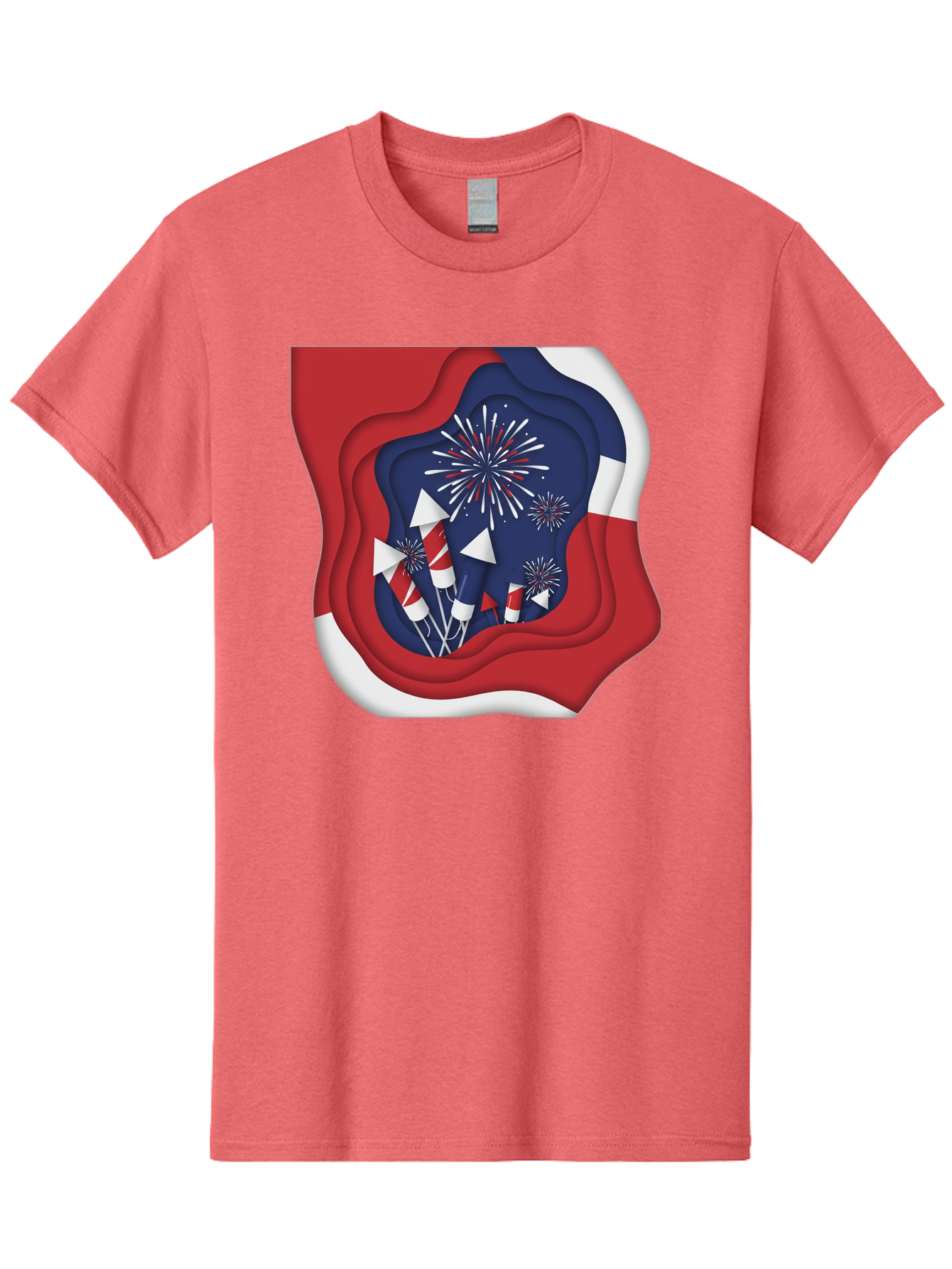 4Th-Of-July-Fireworks Men'S Graphic Tee, 100% Cotton, Comfortable Casual Summer Wear, Machine Washable, 4Th Of July Celebration, Fireworks Display, Patriotic Decor, Red White And Blue, Independence Day, Festive Atmosphere, Layered Paper Art, Bac578 4