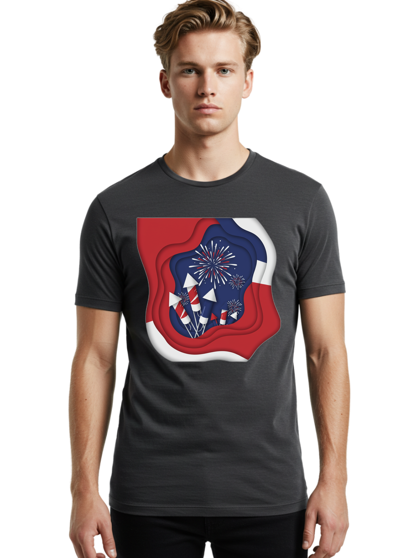 4Th-Of-July-Fireworks Men'S Graphic Tee, 100% Cotton, Comfortable Casual Summer Wear, Machine Washable, 4Th Of July Celebration, Fireworks Display, Patriotic Decor, Red White And Blue, Independence Day, Festive Atmosphere, Layered Paper Art, Bac578 18