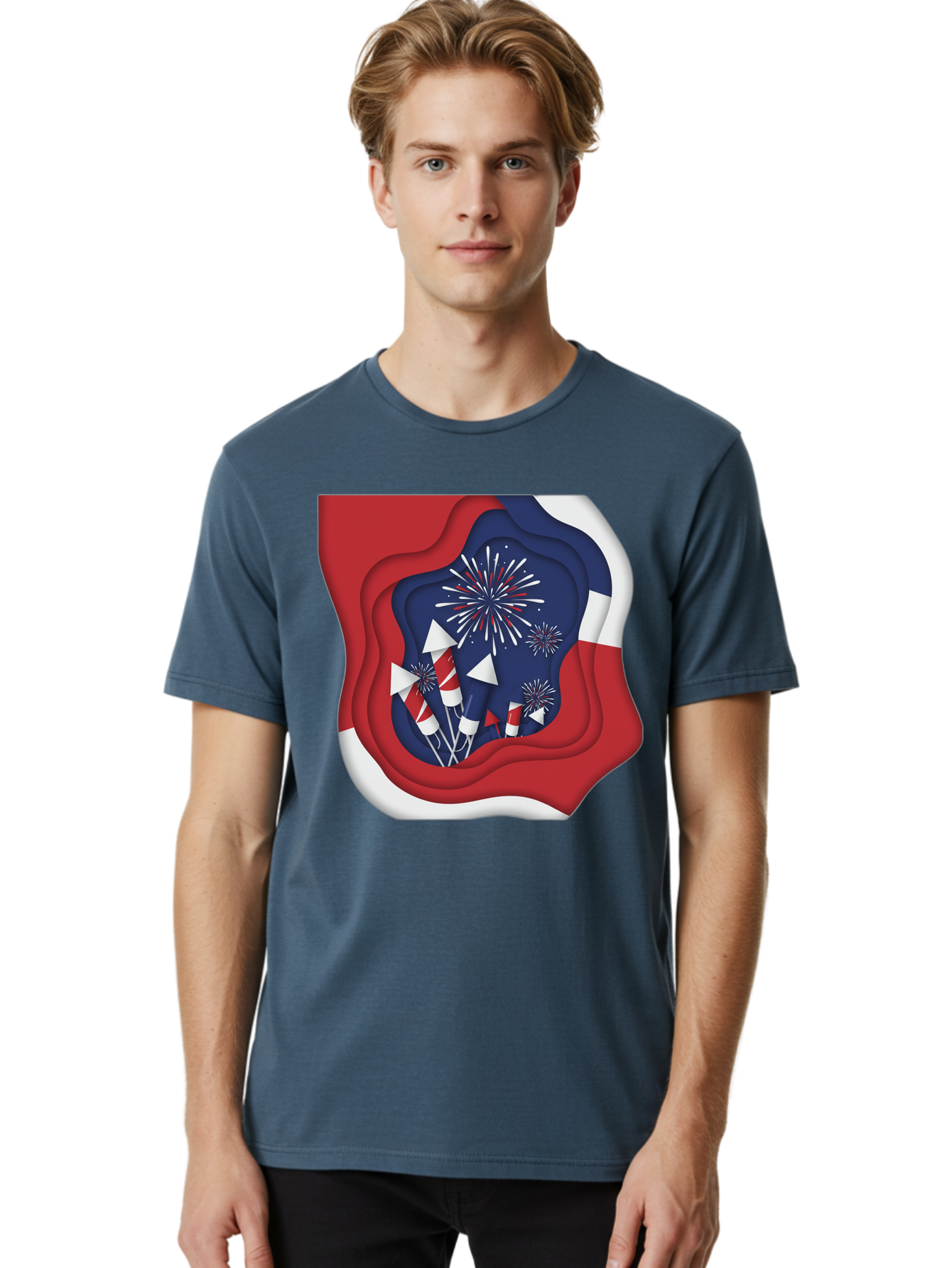4Th-Of-July-Fireworks Men'S Graphic Tee, 100% Cotton, Comfortable Casual Summer Wear, Machine Washable, 4Th Of July Celebration, Fireworks Display, Patriotic Decor, Red White And Blue, Independence Day, Festive Atmosphere, Layered Paper Art, Bac578 29
