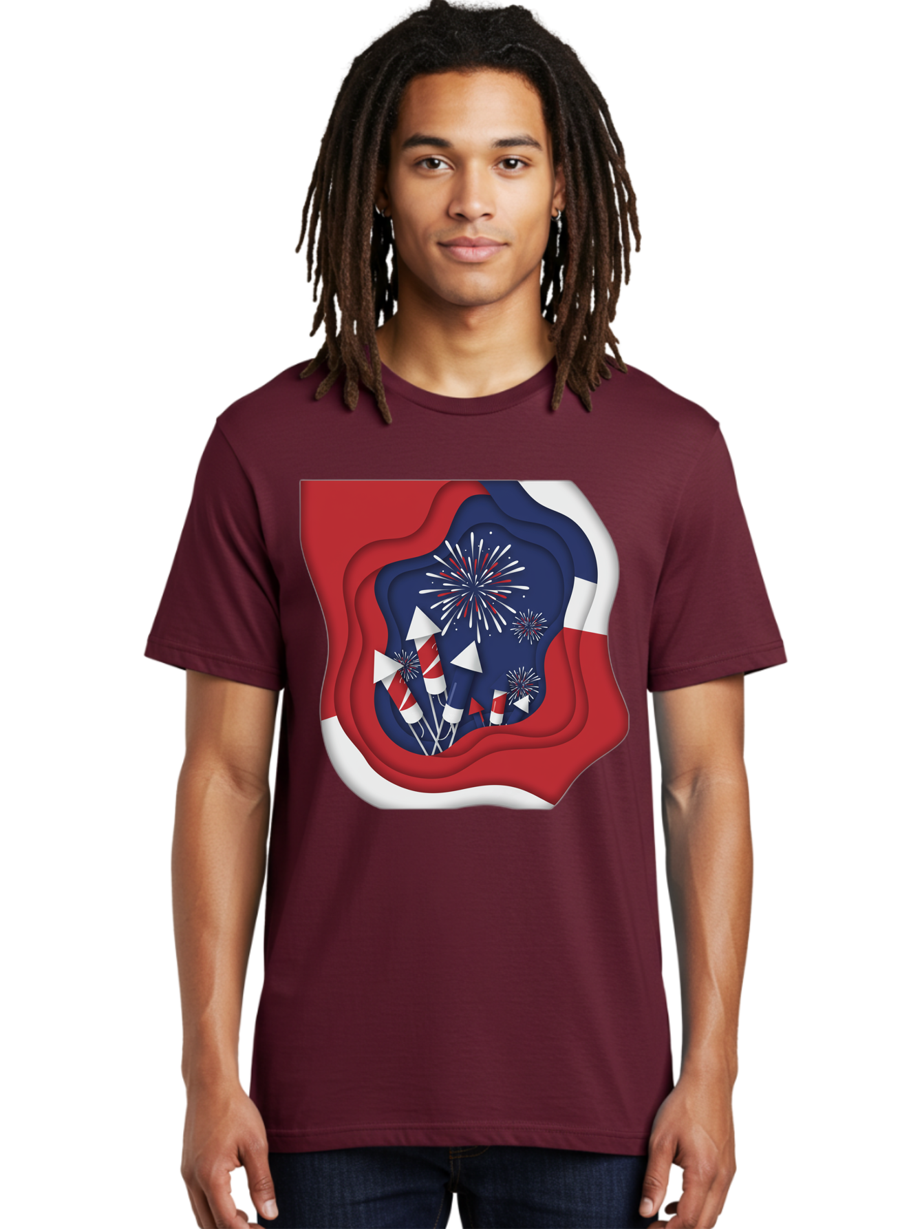 4Th-Of-July-Fireworks Men'S Graphic Tee, 100% Cotton, Comfortable Casual Summer Wear, Machine Washable, 4Th Of July Celebration, Fireworks Display, Patriotic Decor, Red White And Blue, Independence Day, Festive Atmosphere, Layered Paper Art, Bac578 28