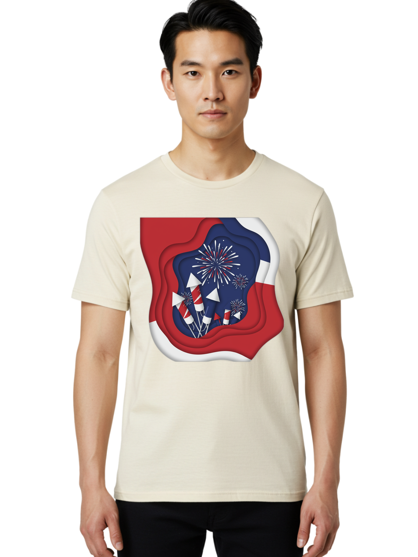 4Th-Of-July-Fireworks Men'S Graphic Tee, 100% Cotton, Comfortable Casual Summer Wear, Machine Washable, 4Th Of July Celebration, Fireworks Display, Patriotic Decor, Red White And Blue, Independence Day, Festive Atmosphere, Layered Paper Art, Bac578 27