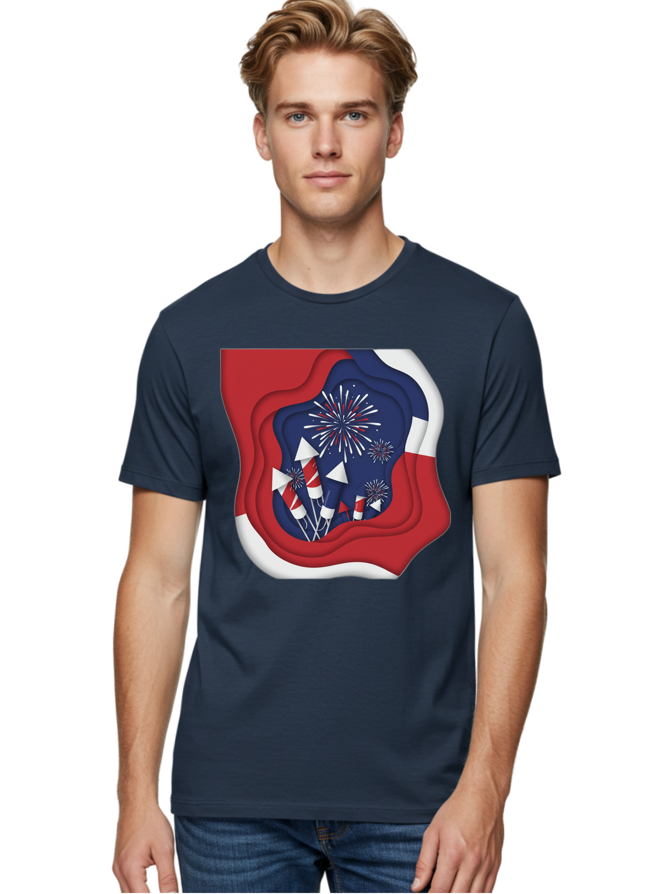 4Th-Of-July-Fireworks Men'S Graphic Tee, 100% Cotton, Comfortable Casual Summer Wear, Machine Washable, 4Th Of July Celebration, Fireworks Display, Patriotic Decor, Red White And Blue, Independence Day, Festive Atmosphere, Layered Paper Art, Bac578 26