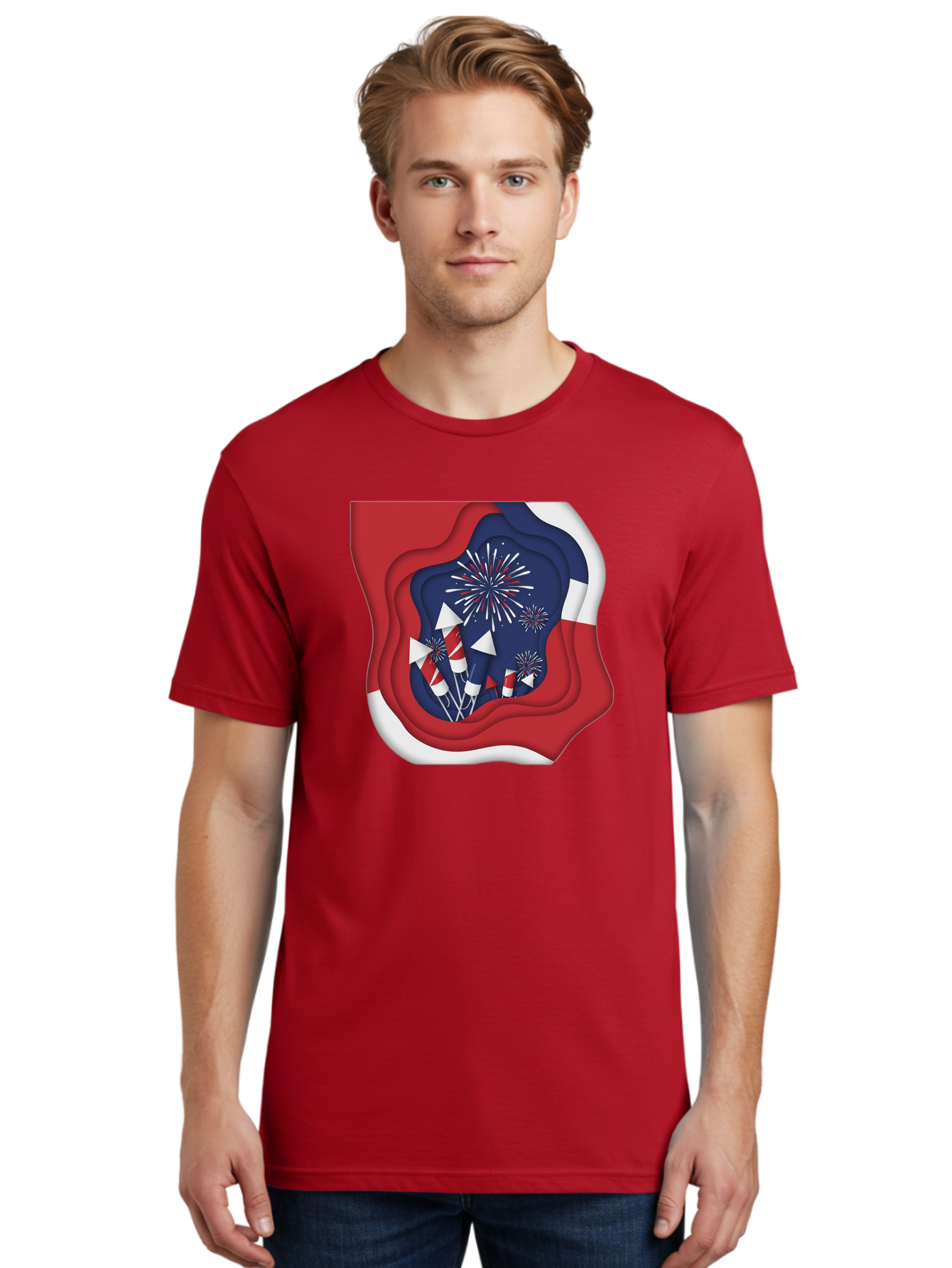4Th-Of-July-Fireworks Men'S Graphic Tee, 100% Cotton, Comfortable Casual Summer Wear, Machine Washable, 4Th Of July Celebration, Fireworks Display, Patriotic Decor, Red White And Blue, Independence Day, Festive Atmosphere, Layered Paper Art, Bac578 17