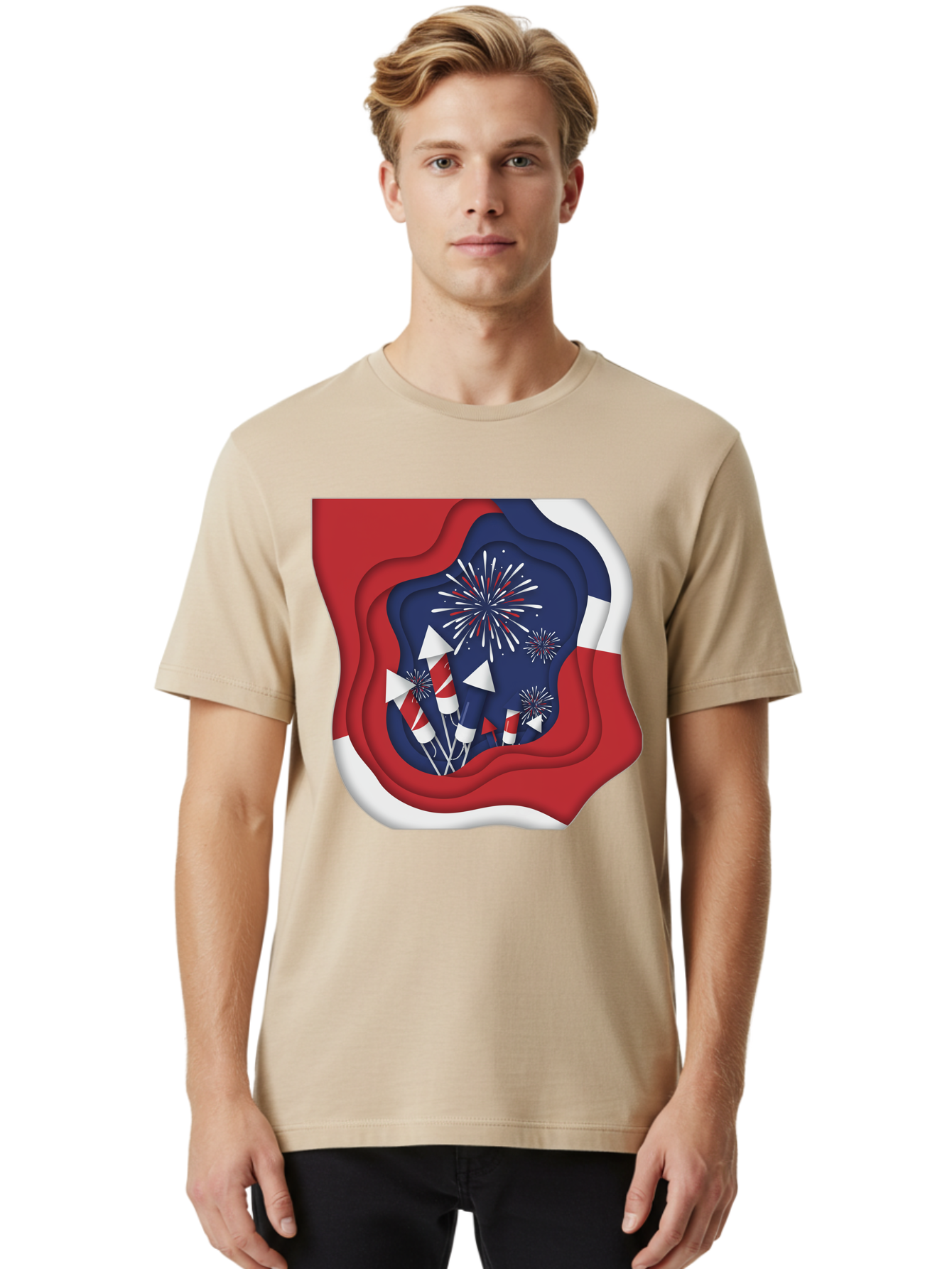 4Th-Of-July-Fireworks Men'S Graphic Tee, 100% Cotton, Comfortable Casual Summer Wear, Machine Washable, 4Th Of July Celebration, Fireworks Display, Patriotic Decor, Red White And Blue, Independence Day, Festive Atmosphere, Layered Paper Art, Bac578 24