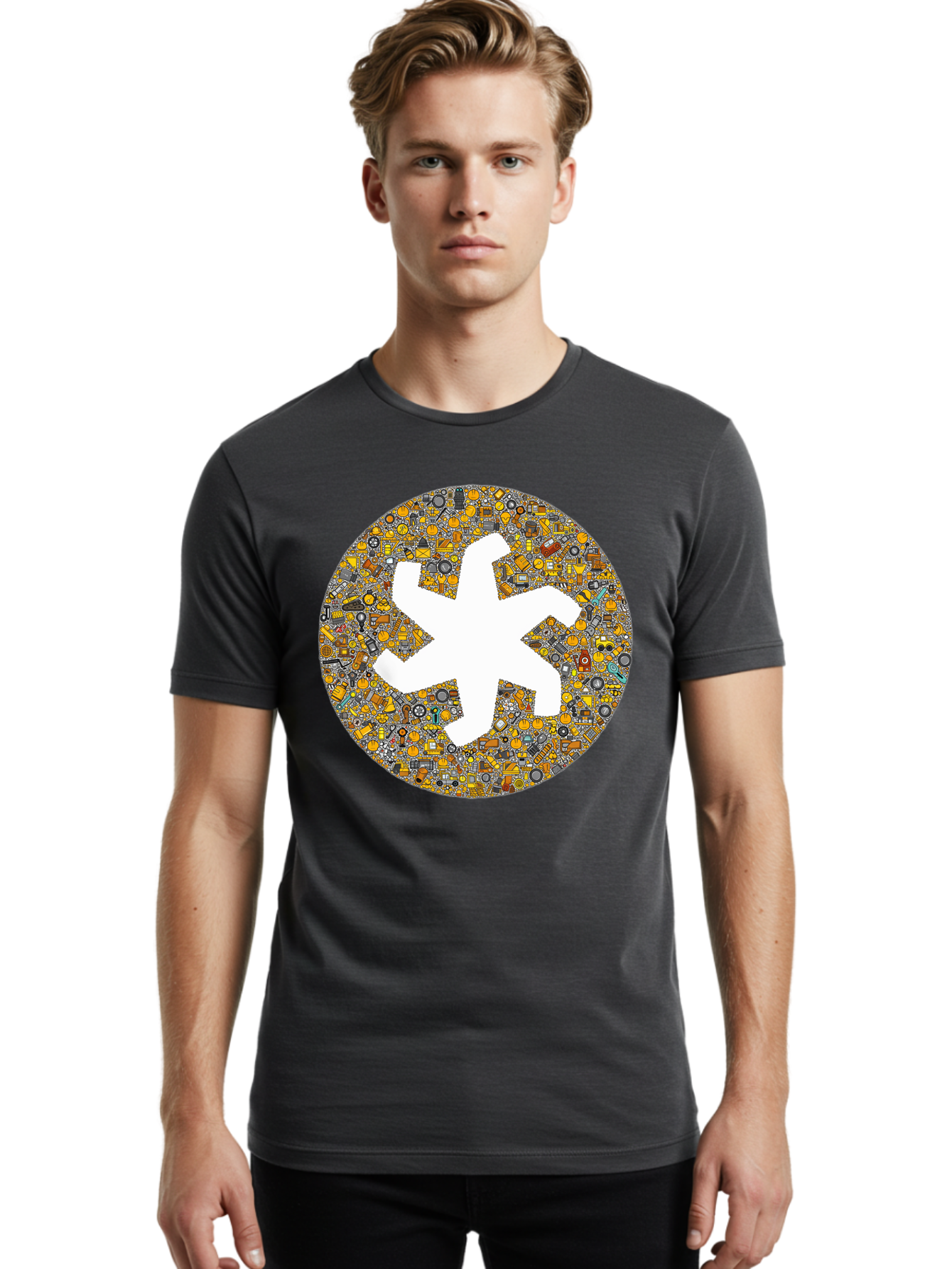 Airplane-Silhouette-Mosaic Men'S Graphic Tee, 100% Cotton, Comfortable Casual Summer Wear, Machine Washable, Airplane Silhouette, Yellow And Gray Mosaic, Machinery Parts, Industrial Theme, Creative Design, Travel Concept, Abstract Art, Bac581 22