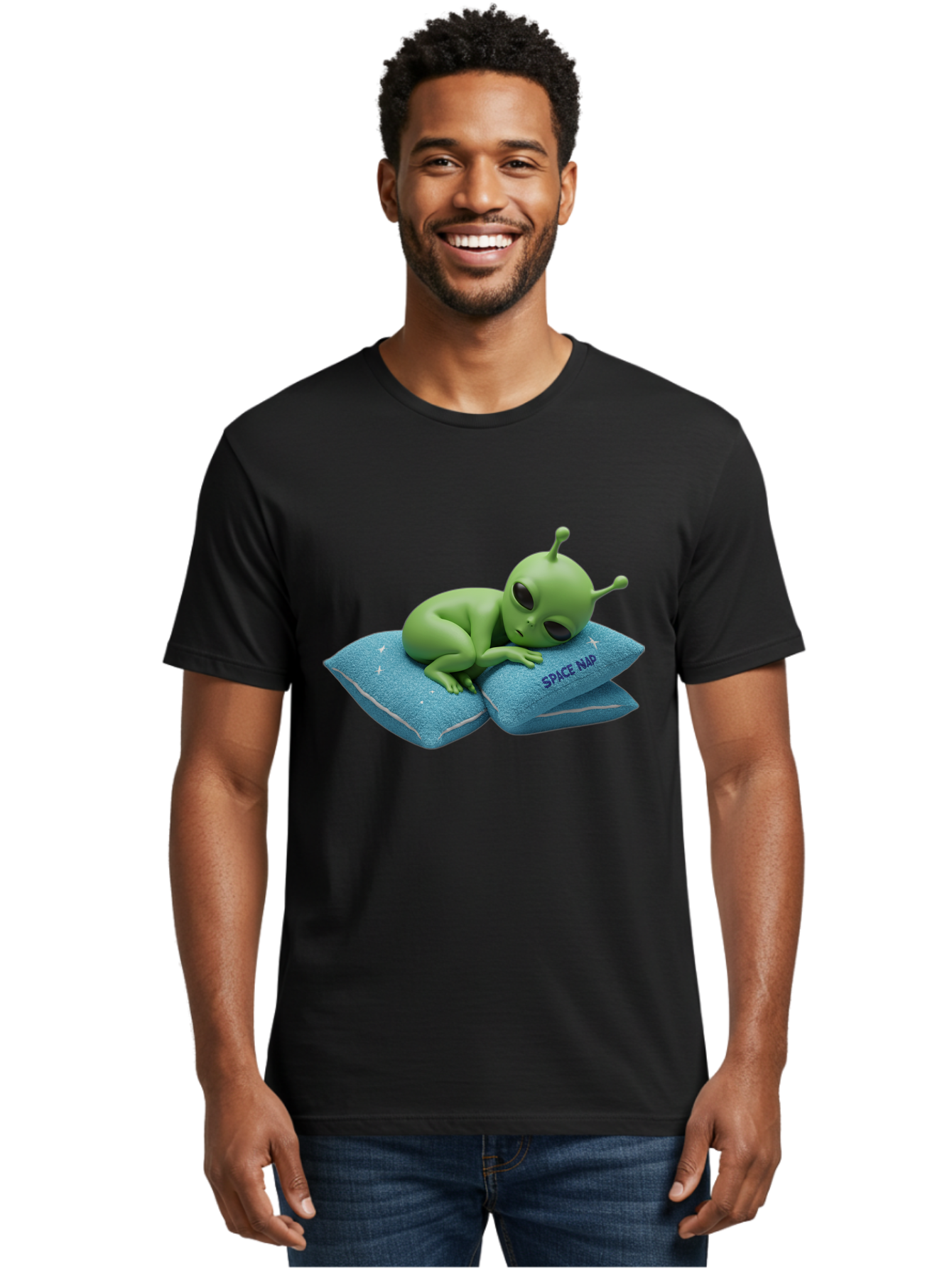 Alien-Sleeping-On-Pillows Men'S Graphic Tee, 100% Cotton, Comfortable Casual Summer Wear, Machine Washable, Alien Resting On Pillows, Extraterrestrial Being, Space Map, Stars, Sleepy Alien, Cute Cartoon Character, 3D Illustration, Funny Meme Bac583 24