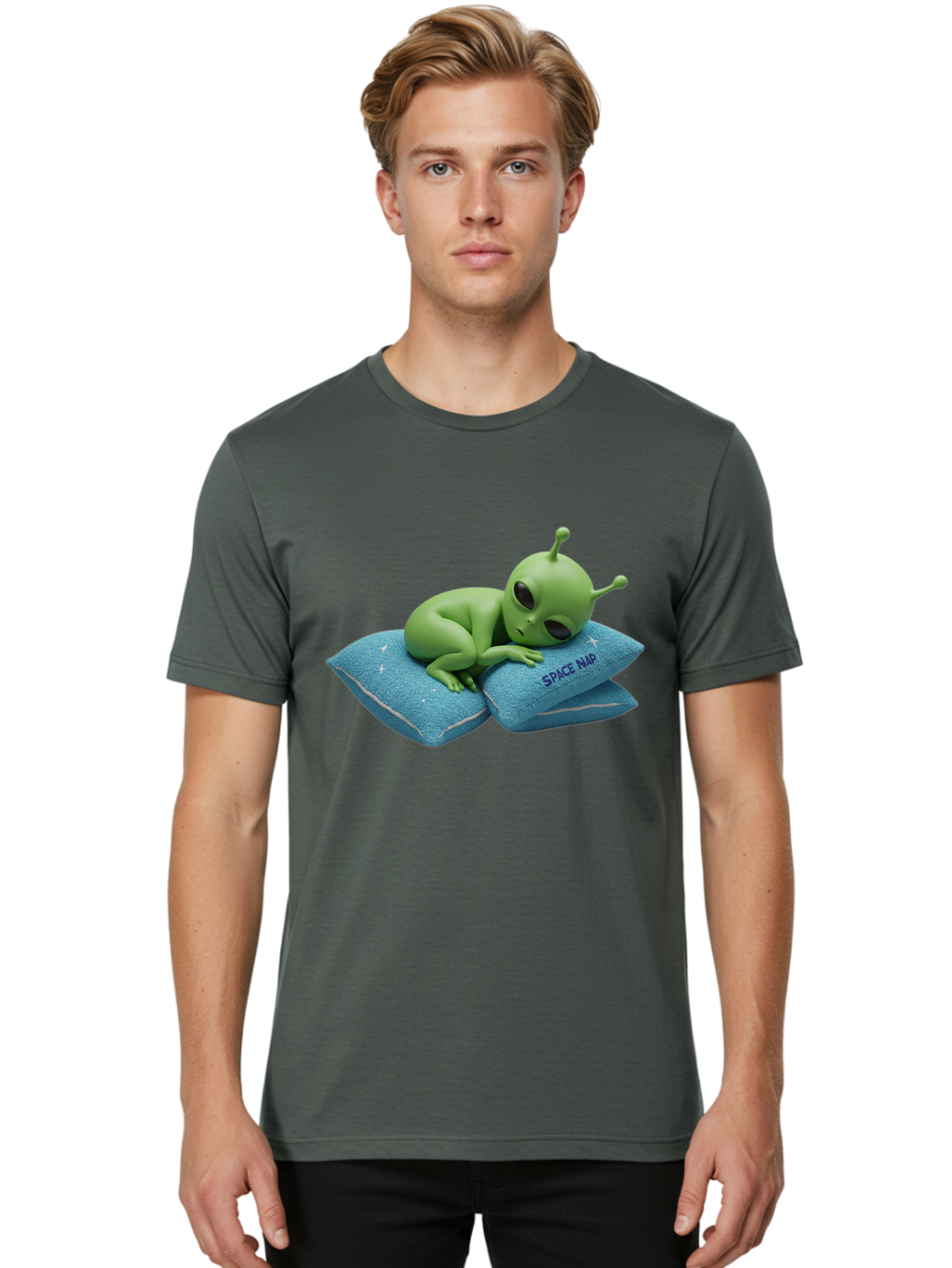 Alien-Sleeping-On-Pillows Men'S Graphic Tee, 100% Cotton, Comfortable Casual Summer Wear, Machine Washable, Alien Resting On Pillows, Extraterrestrial Being, Space Map, Stars, Sleepy Alien, Cute Cartoon Character, 3D Illustration, Funny Meme Bac583 30