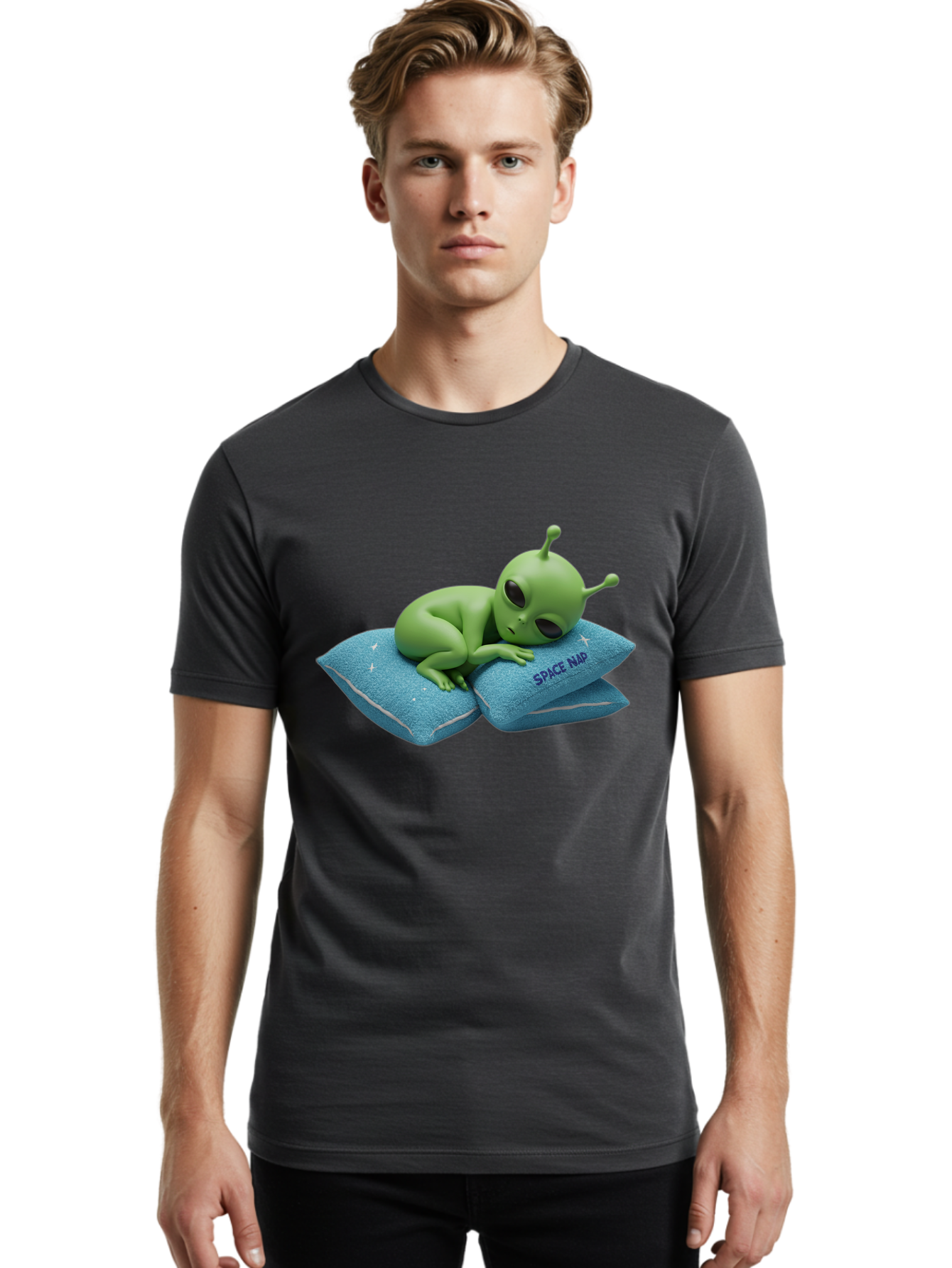 Alien-Sleeping-On-Pillows Men'S Graphic Tee, 100% Cotton, Comfortable Casual Summer Wear, Machine Washable, Alien Resting On Pillows, Extraterrestrial Being, Space Map, Stars, Sleepy Alien, Cute Cartoon Character, 3D Illustration, Funny Meme Bac583 19