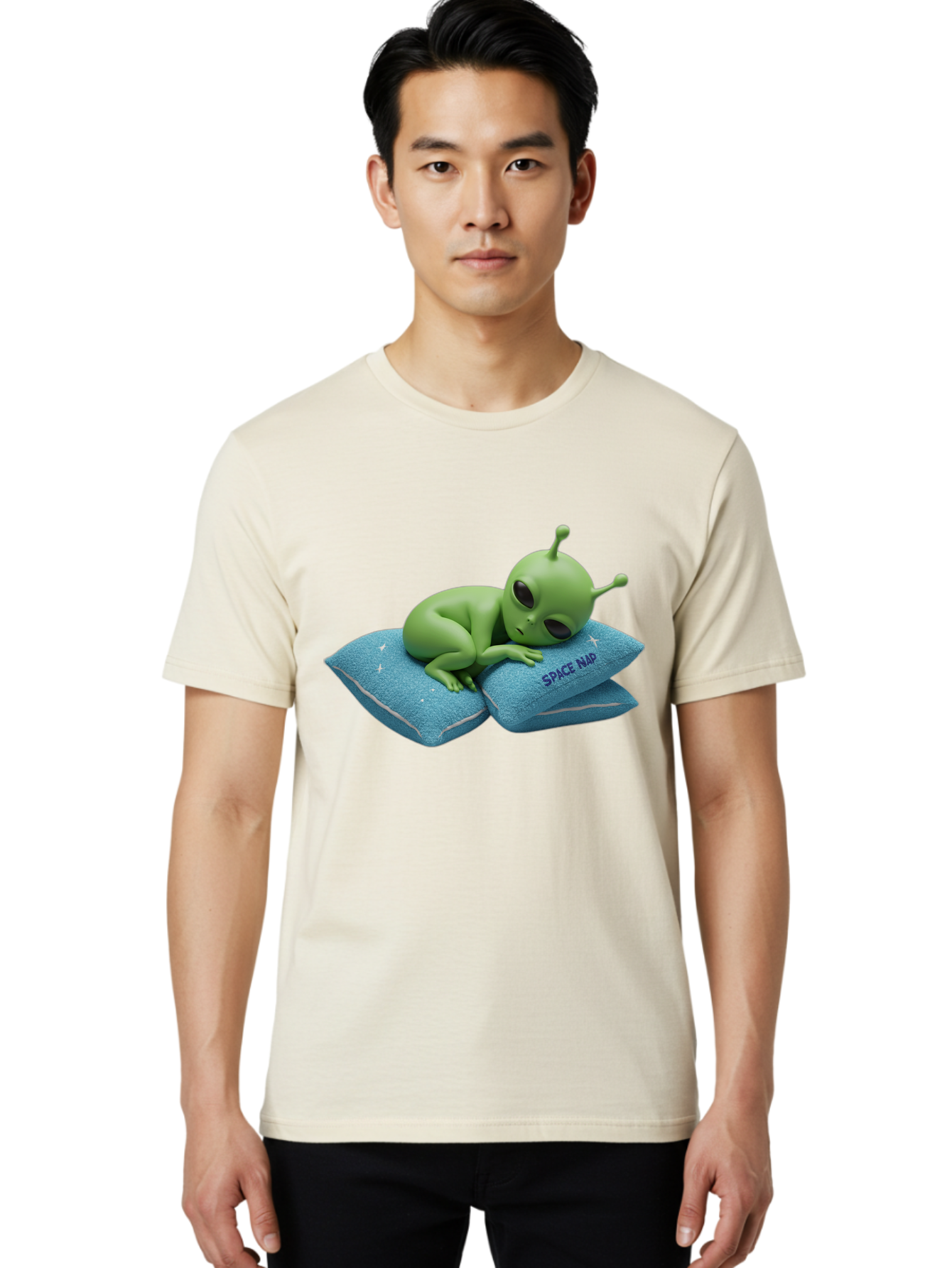 Alien-Sleeping-On-Pillows Men'S Graphic Tee, 100% Cotton, Comfortable Casual Summer Wear, Machine Washable, Alien Resting On Pillows, Extraterrestrial Being, Space Map, Stars, Sleepy Alien, Cute Cartoon Character, 3D Illustration, Funny Meme Bac583 17