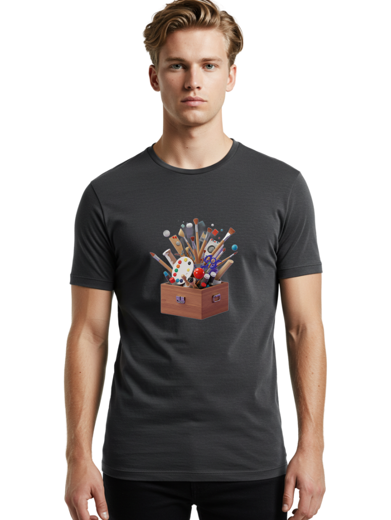 Artist-Toolbox Men'S Graphic Tee, 100% Cotton, Comfortable Casual Summer Wear, Machine Washable, Art Supplies, Paintbrushes, Palette, Paint Tubes, Creativity, Artistic Expression, Crafting, Diy, Art Studio, Painting Tools, Colorful Art Bac588 25