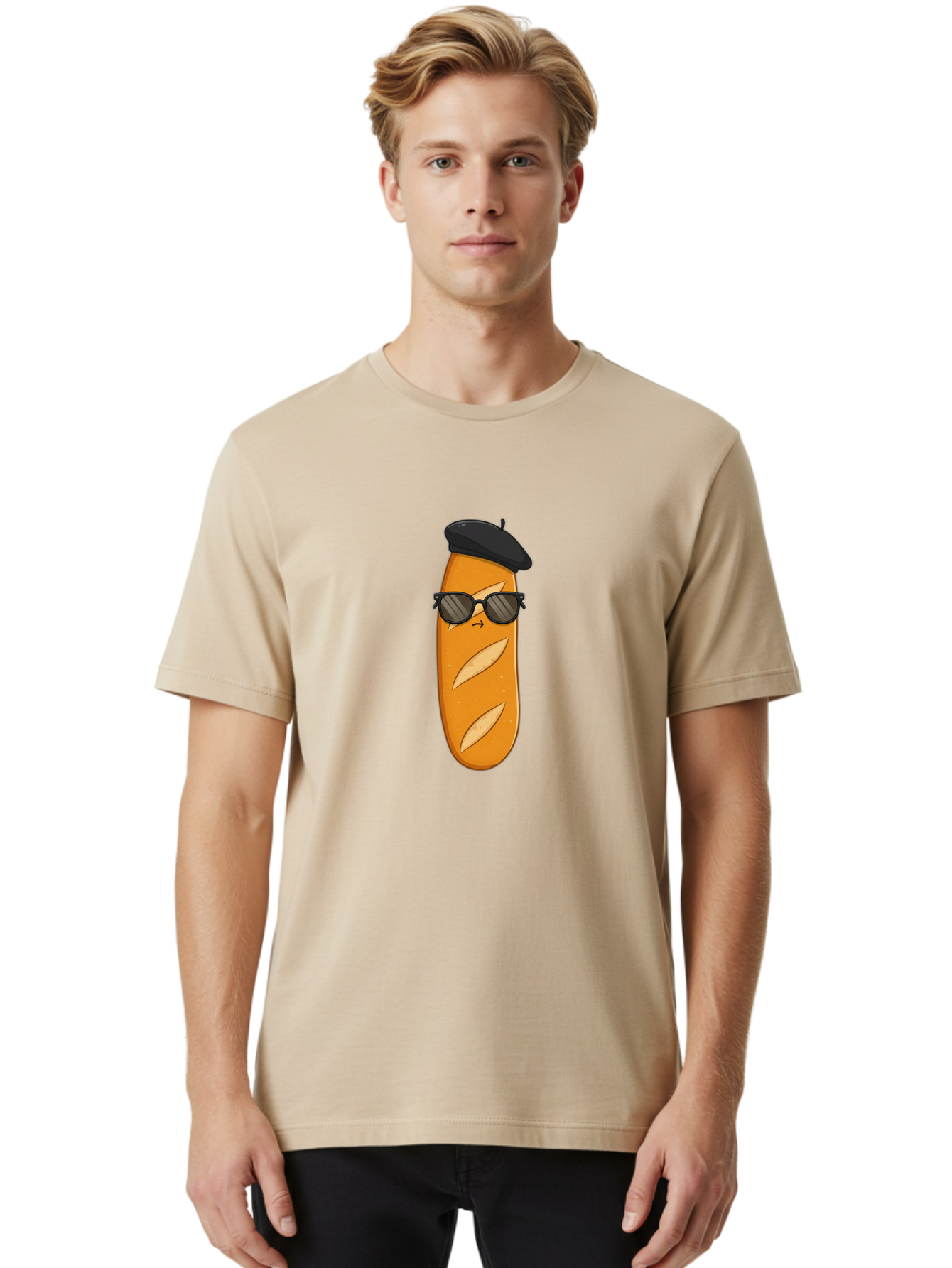 Baguette-Character-1 Men'S Graphic Tee, 100% Cotton, Comfortable Casual Summer Wear, Machine Washable, Cartoon Baguette, Sunglasses, Beret, French Bread, Cute Character, Funny Meme, Cartoon Style, Bread Character, Quirky Design, Bac590 25