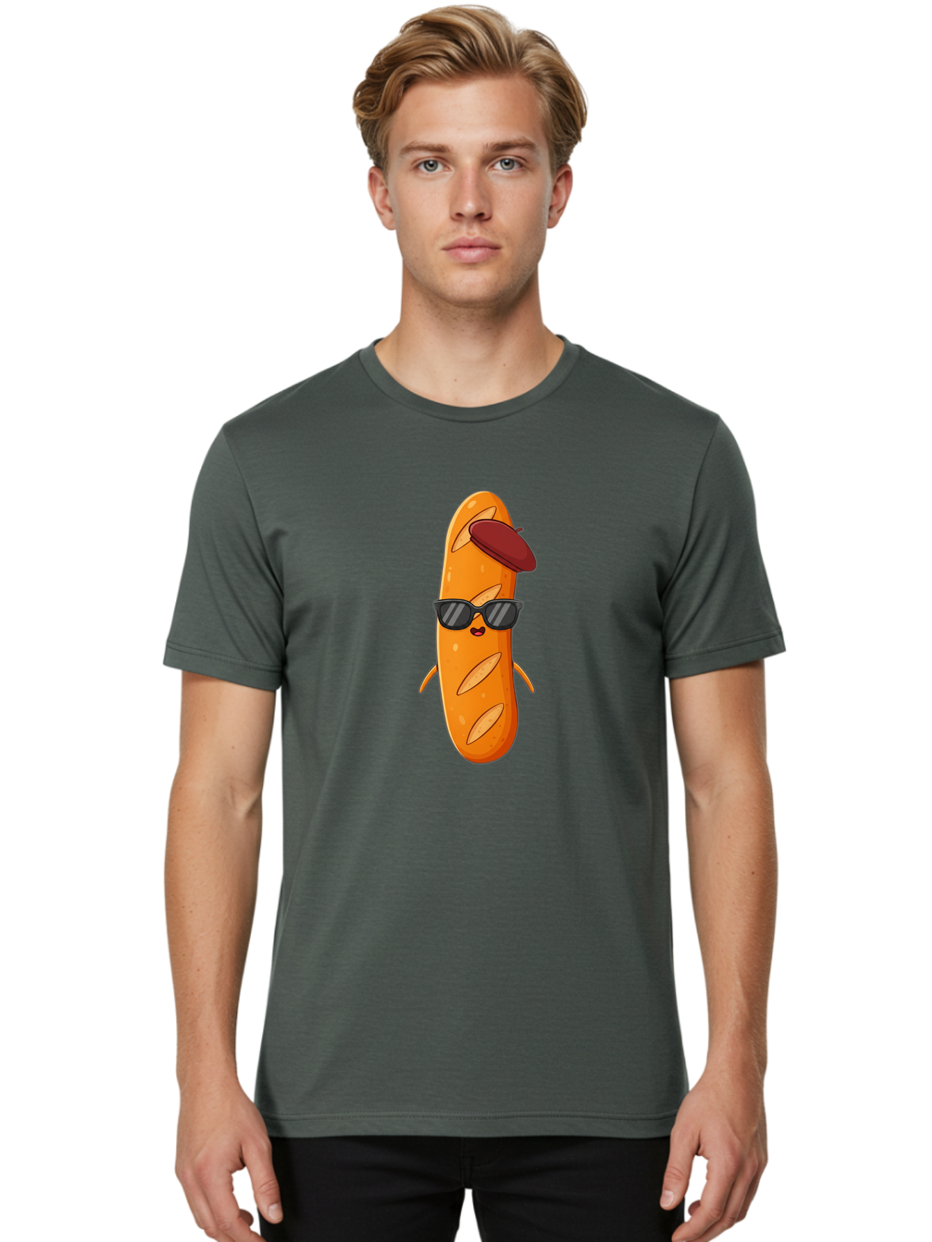 Baguette-Character Men'S Graphic Tee, 100% Cotton, Comfortable Casual Summer Wear, Machine Washable, Cartoon Baguette, Anthropomorphic Bread, Sunglasses, Beret, Cute Character, Funny Mascot, Quirky Illustration, Kawaii Food, Humorous Design, Bac591 22