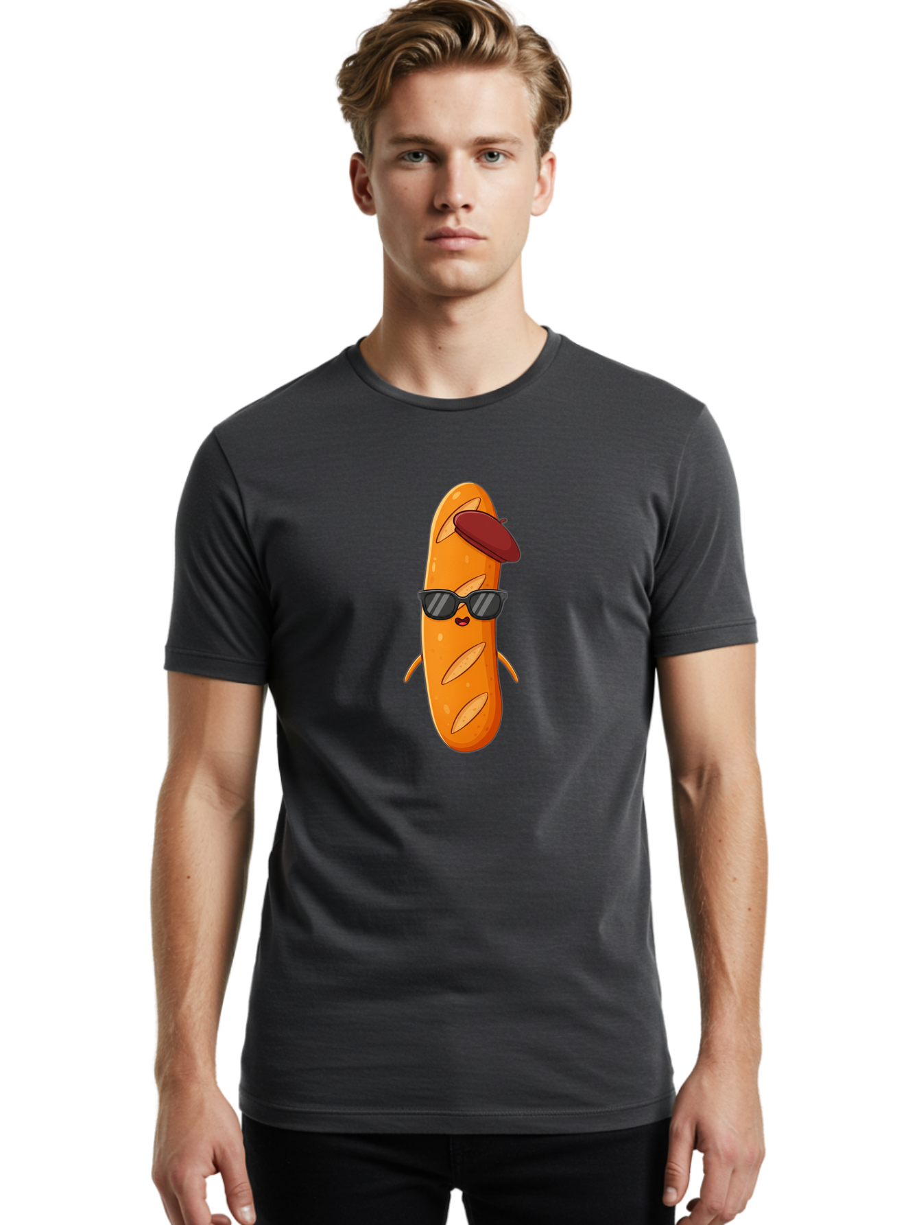 Baguette-Character Men'S Graphic Tee, 100% Cotton, Comfortable Casual Summer Wear, Machine Washable, Cartoon Baguette, Anthropomorphic Bread, Sunglasses, Beret, Cute Character, Funny Mascot, Quirky Illustration, Kawaii Food, Humorous Design, Bac591 19