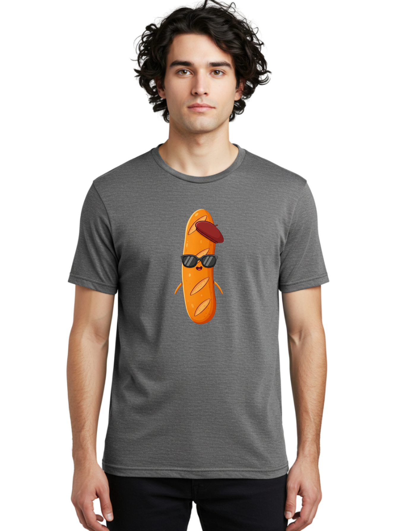 Baguette-Character Men'S Graphic Tee, 100% Cotton, Comfortable Casual Summer Wear, Machine Washable, Cartoon Baguette, Anthropomorphic Bread, Sunglasses, Beret, Cute Character, Funny Mascot, Quirky Illustration, Kawaii Food, Humorous Design, Bac591 24
