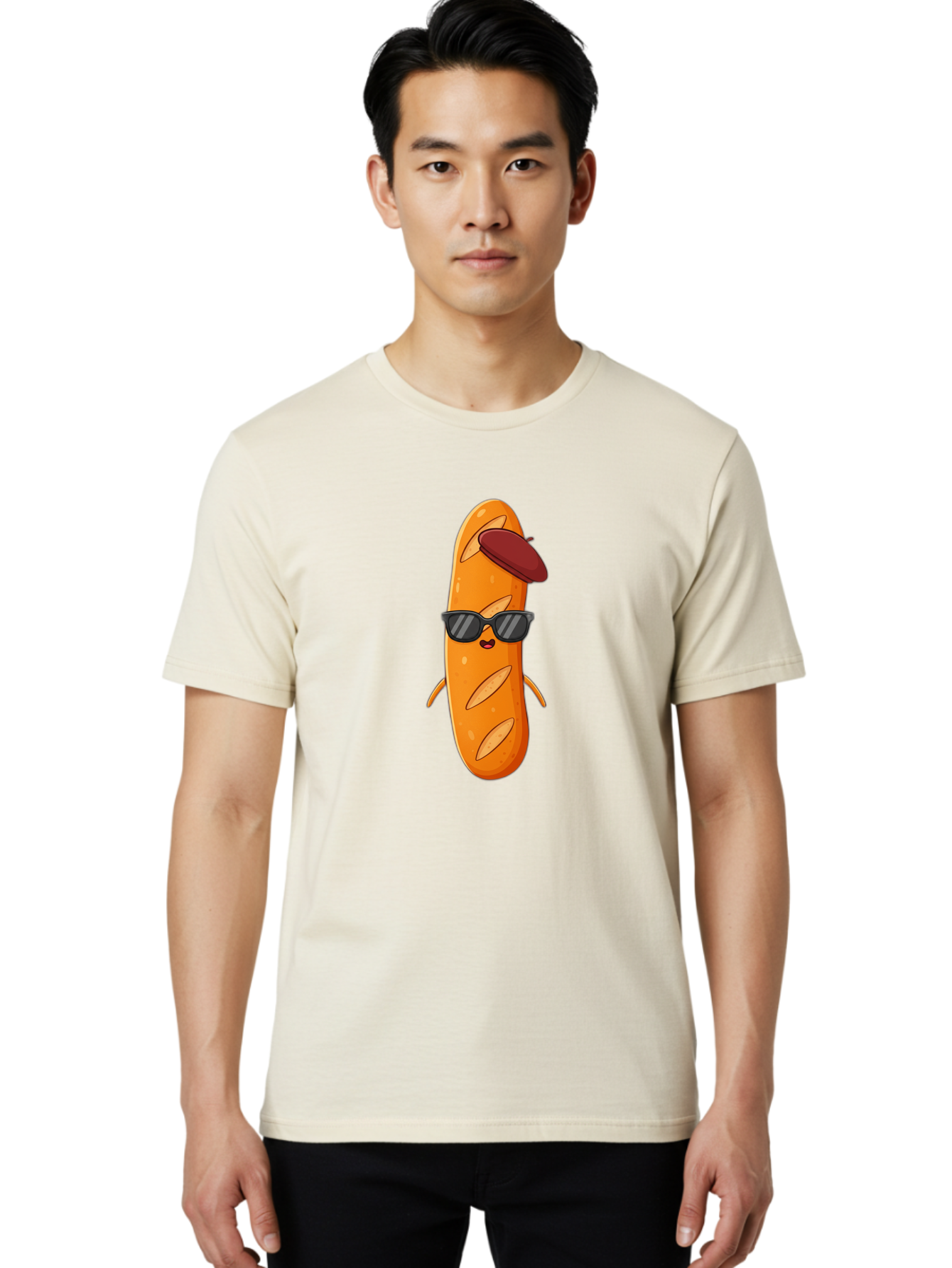 Baguette-Character Men'S Graphic Tee, 100% Cotton, Comfortable Casual Summer Wear, Machine Washable, Cartoon Baguette, Anthropomorphic Bread, Sunglasses, Beret, Cute Character, Funny Mascot, Quirky Illustration, Kawaii Food, Humorous Design, Bac591 17