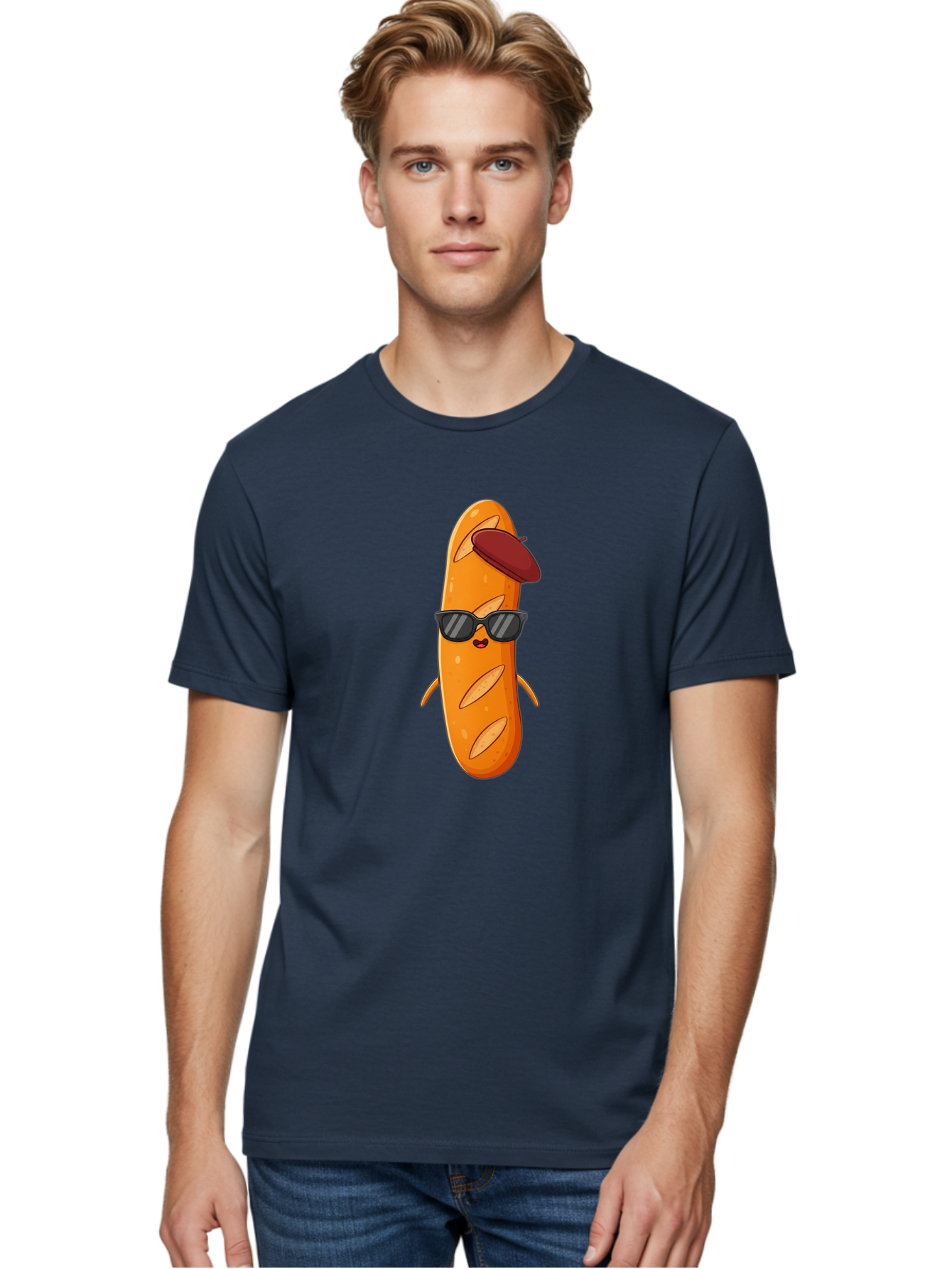 Baguette-Character Men'S Graphic Tee, 100% Cotton, Comfortable Casual Summer Wear, Machine Washable, Cartoon Baguette, Anthropomorphic Bread, Sunglasses, Beret, Cute Character, Funny Mascot, Quirky Illustration, Kawaii Food, Humorous Design, Bac591 21