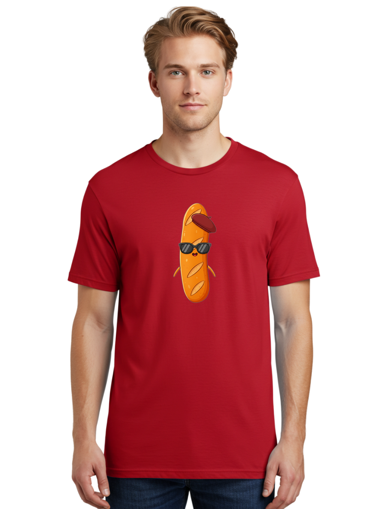 Baguette-Character Men'S Graphic Tee, 100% Cotton, Comfortable Casual Summer Wear, Machine Washable, Cartoon Baguette, Anthropomorphic Bread, Sunglasses, Beret, Cute Character, Funny Mascot, Quirky Illustration, Kawaii Food, Humorous Design, Bac591 30