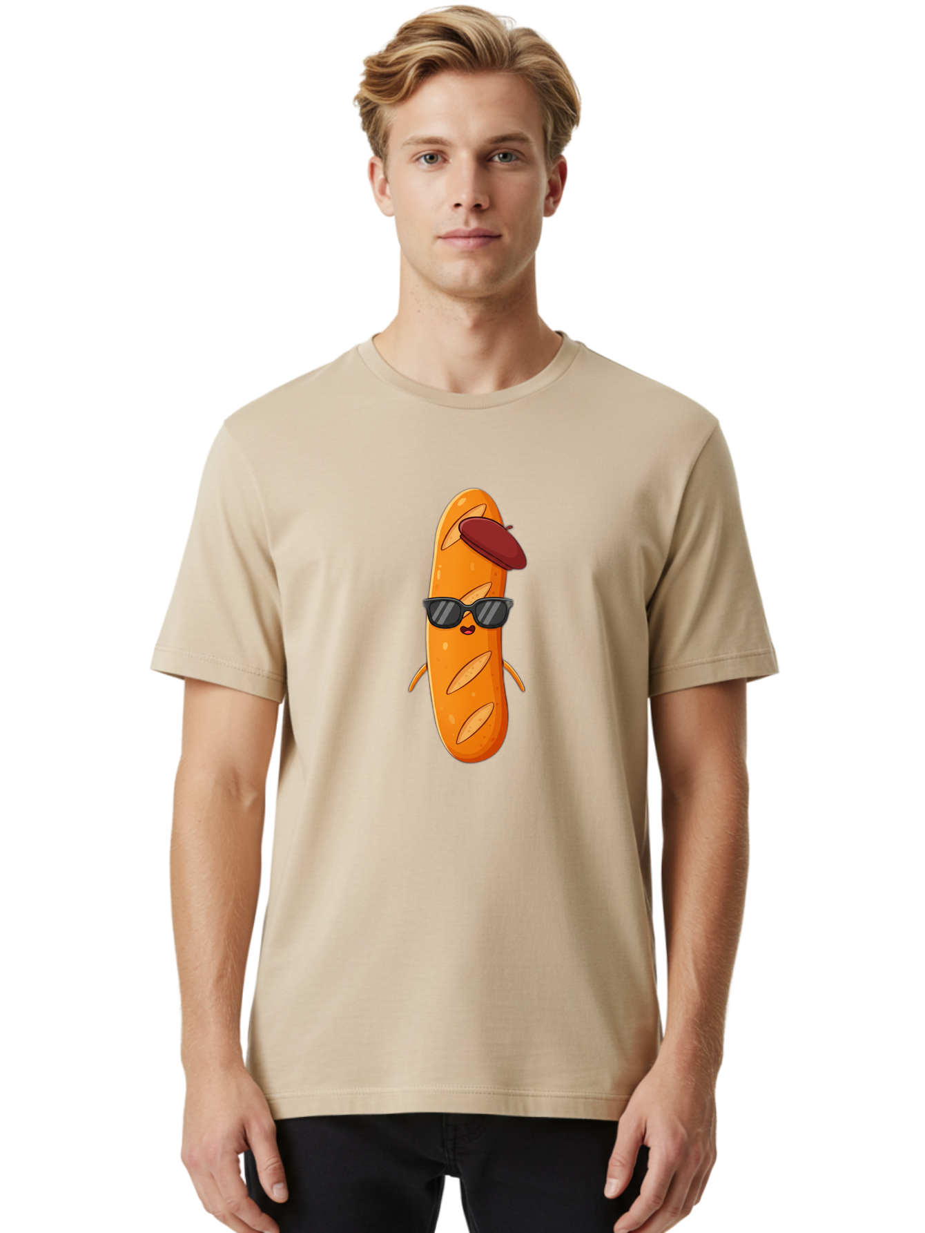 Baguette-Character Men'S Graphic Tee, 100% Cotton, Comfortable Casual Summer Wear, Machine Washable, Cartoon Baguette, Anthropomorphic Bread, Sunglasses, Beret, Cute Character, Funny Mascot, Quirky Illustration, Kawaii Food, Humorous Design, Bac591 23