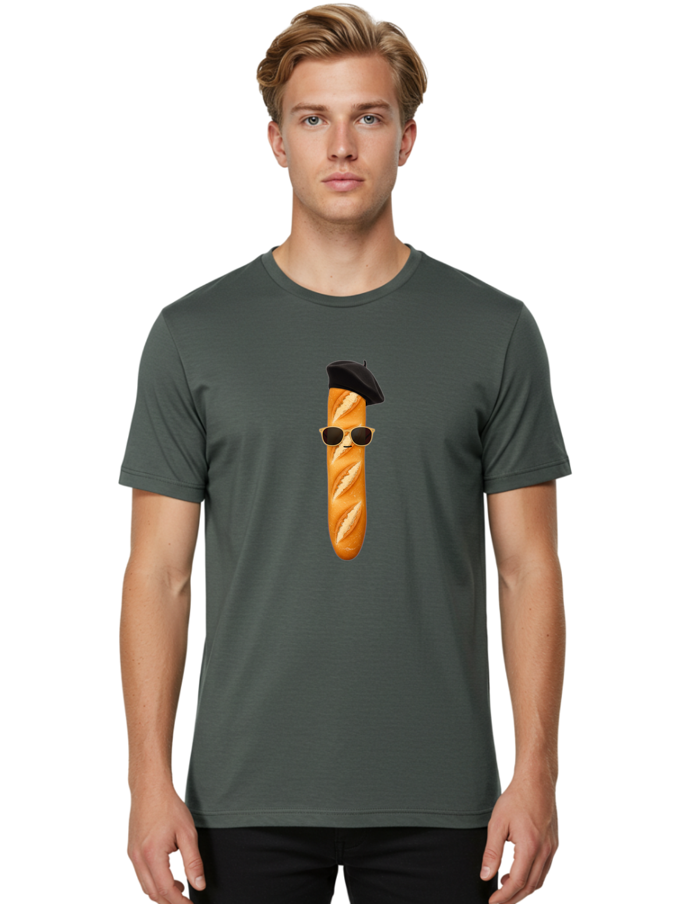 Baguette-With-Sunglasses-And-Beret-1 Men'S Graphic Tee, 100% Cotton, Comfortable Casual Summer Wear, Machine Washable, Baguette With Sunglasses, French Bread, Beret Hat, Cool Baguette, Cartoon Character, Funny Food, Charismatic Bread, Bac594 24
