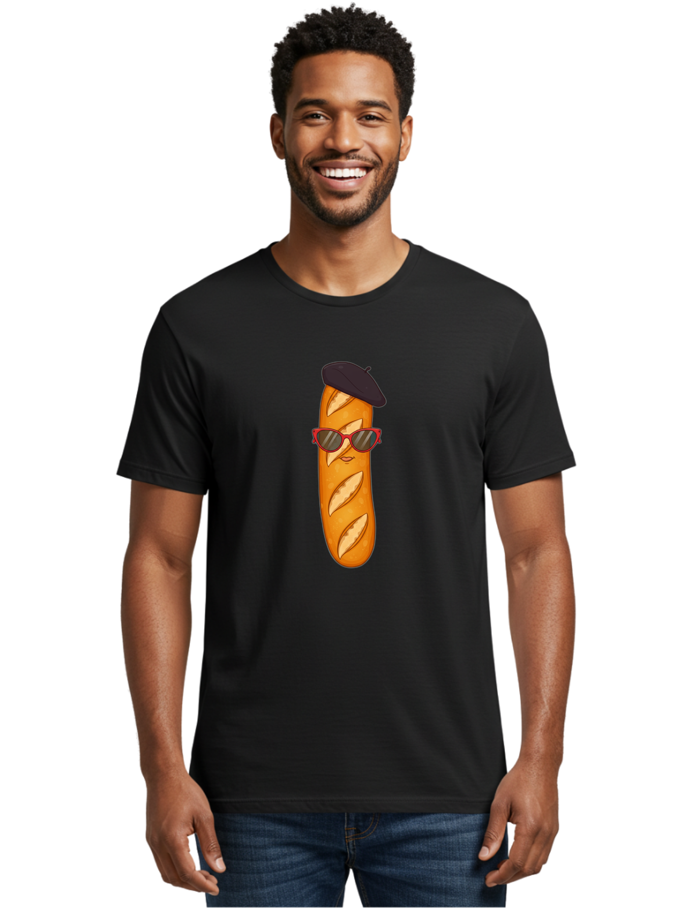 Baguette-With-Sunglasses-And-Beret Men'S Graphic Tee, 100% Cotton, Comfortable Casual Summer Wear, Machine Washable, Cartoon Baguette, Beret Hat, Red Sunglasses, French Cuisine, Bread Character, Quirky Illustration, Fun Design, Loaf Of Bread, Bac595 22