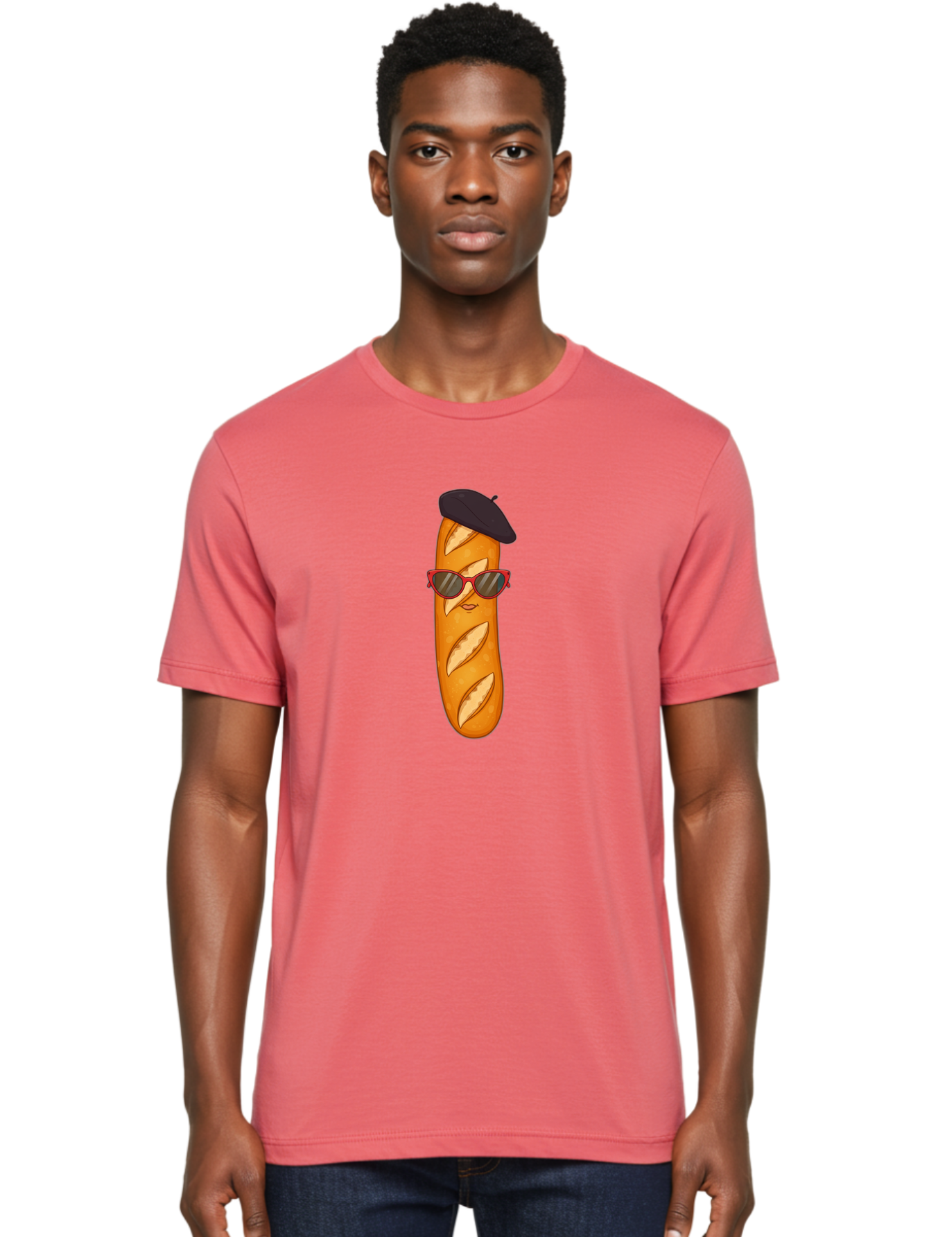 Baguette-With-Sunglasses-And-Beret Men'S Graphic Tee, 100% Cotton, Comfortable Casual Summer Wear, Machine Washable, Cartoon Baguette, Beret Hat, Red Sunglasses, French Cuisine, Bread Character, Quirky Illustration, Fun Design, Loaf Of Bread, Bac595 23