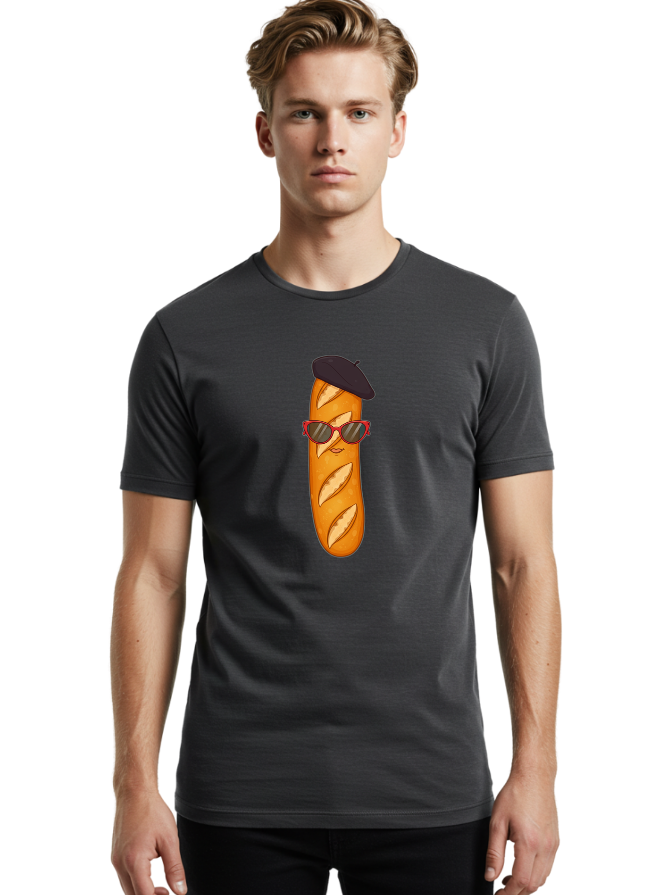 Baguette-With-Sunglasses-And-Beret Men'S Graphic Tee, 100% Cotton, Comfortable Casual Summer Wear, Machine Washable, Cartoon Baguette, Beret Hat, Red Sunglasses, French Cuisine, Bread Character, Quirky Illustration, Fun Design, Loaf Of Bread, Bac595 19