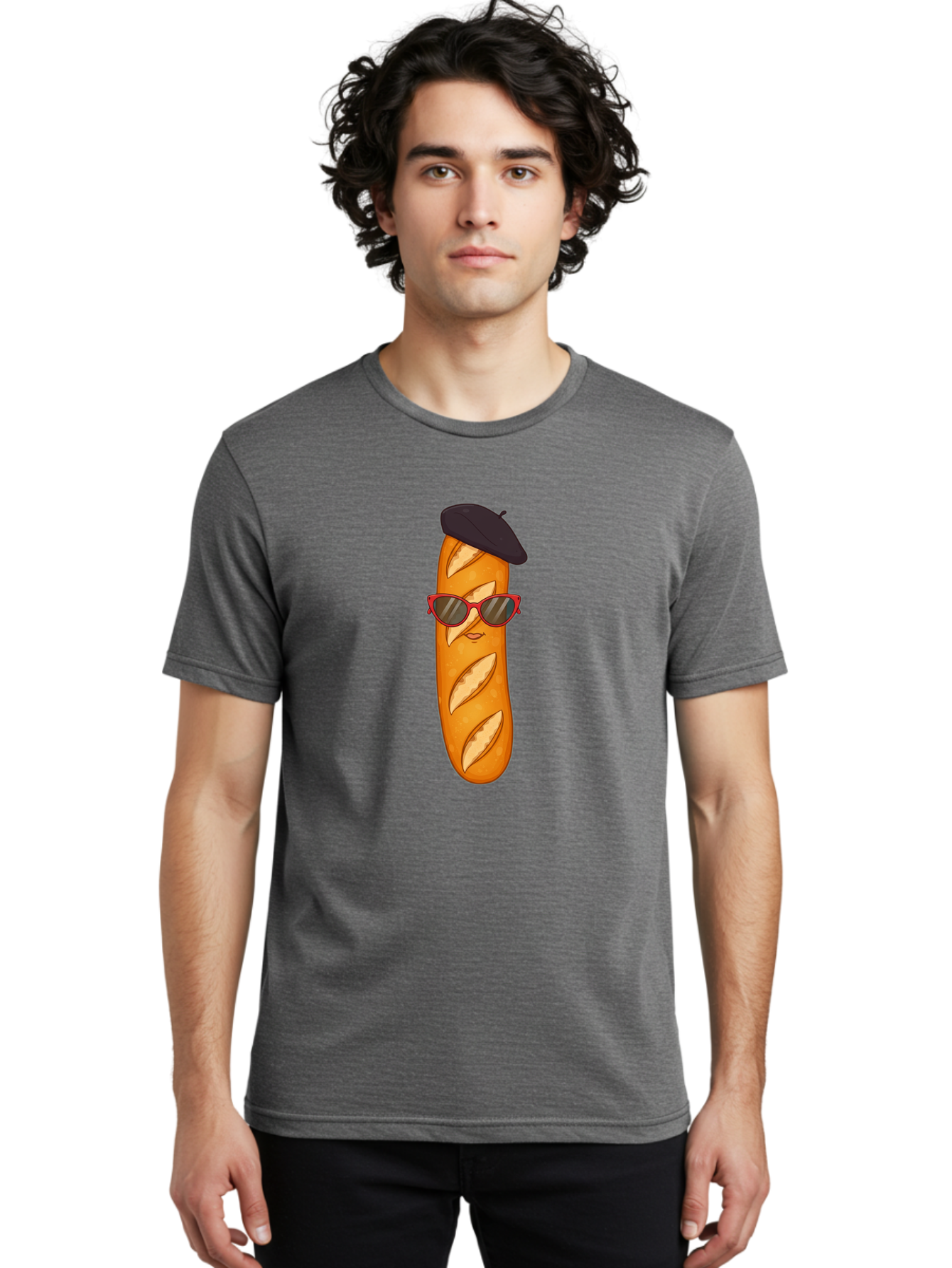Baguette-With-Sunglasses-And-Beret Men'S Graphic Tee, 100% Cotton, Comfortable Casual Summer Wear, Machine Washable, Cartoon Baguette, Beret Hat, Red Sunglasses, French Cuisine, Bread Character, Quirky Illustration, Fun Design, Loaf Of Bread, Bac595 16