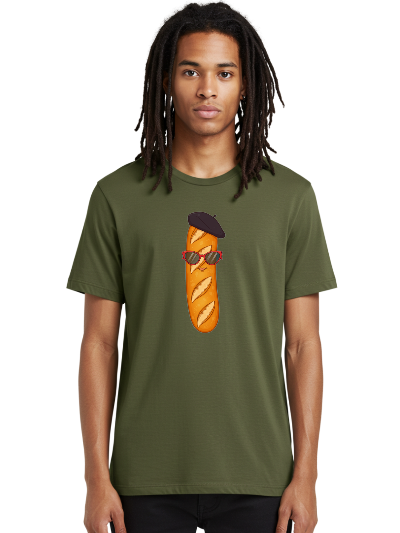Baguette-With-Sunglasses-And-Beret Men'S Graphic Tee, 100% Cotton, Comfortable Casual Summer Wear, Machine Washable, Cartoon Baguette, Beret Hat, Red Sunglasses, French Cuisine, Bread Character, Quirky Illustration, Fun Design, Loaf Of Bread, Bac595 21