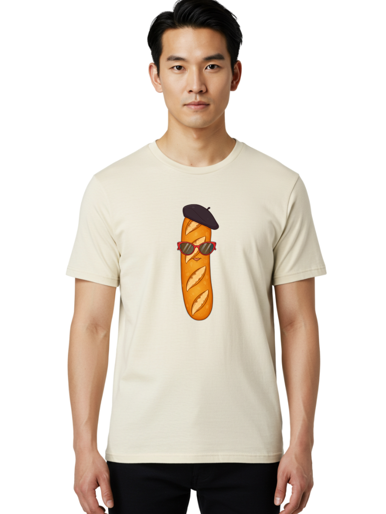 Baguette-With-Sunglasses-And-Beret Men'S Graphic Tee, 100% Cotton, Comfortable Casual Summer Wear, Machine Washable, Cartoon Baguette, Beret Hat, Red Sunglasses, French Cuisine, Bread Character, Quirky Illustration, Fun Design, Loaf Of Bread, Bac595 26