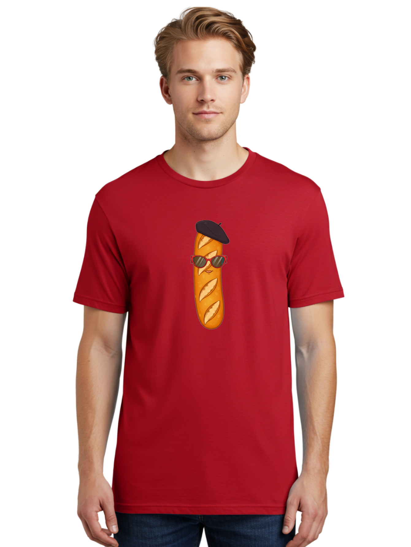 Baguette-With-Sunglasses-And-Beret Men'S Graphic Tee, 100% Cotton, Comfortable Casual Summer Wear, Machine Washable, Cartoon Baguette, Beret Hat, Red Sunglasses, French Cuisine, Bread Character, Quirky Illustration, Fun Design, Loaf Of Bread, Bac595 25