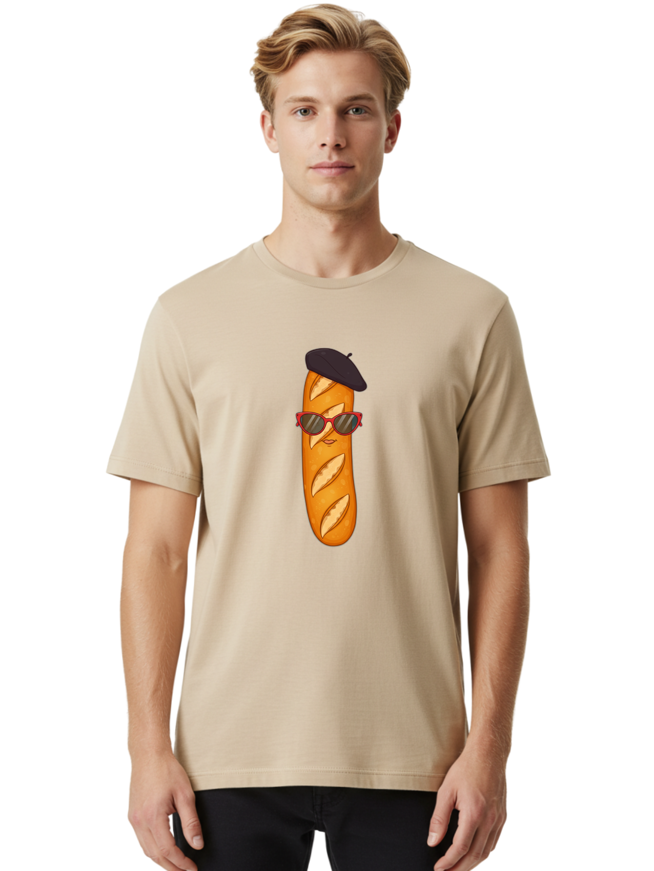 Baguette-With-Sunglasses-And-Beret Men'S Graphic Tee, 100% Cotton, Comfortable Casual Summer Wear, Machine Washable, Cartoon Baguette, Beret Hat, Red Sunglasses, French Cuisine, Bread Character, Quirky Illustration, Fun Design, Loaf Of Bread, Bac595 18
