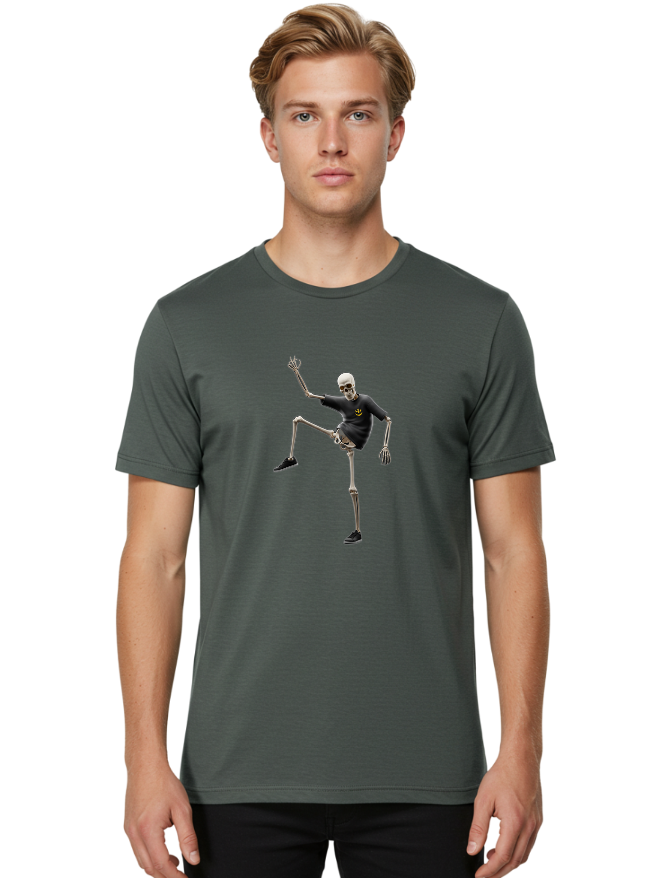 Bape-Skeleton Men'S Graphic Tee, 100% Cotton, Comfortable Casual Summer Wear, Machine Washable, Dancing Skeleton, Skeleton In T-Shirt, Yellow Logo, Dancing Pose, Black Shoes, Skeleton Illustration, Pop Culture, Fun, Quirky, Spooky, Playful, Bac597 18