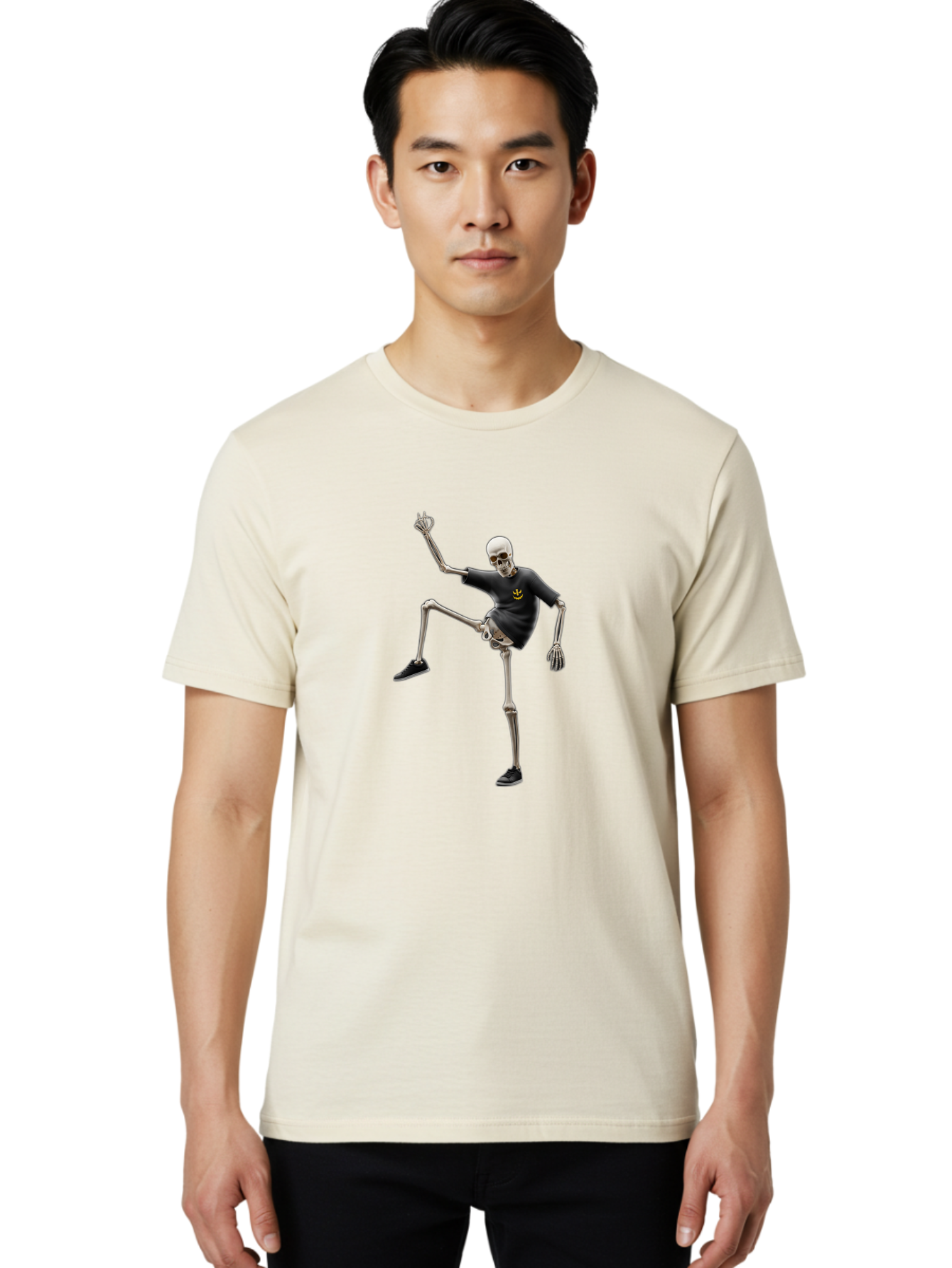 Bape-Skeleton Men'S Graphic Tee, 100% Cotton, Comfortable Casual Summer Wear, Machine Washable, Dancing Skeleton, Skeleton In T-Shirt, Yellow Logo, Dancing Pose, Black Shoes, Skeleton Illustration, Pop Culture, Fun, Quirky, Spooky, Playful, Bac597 20