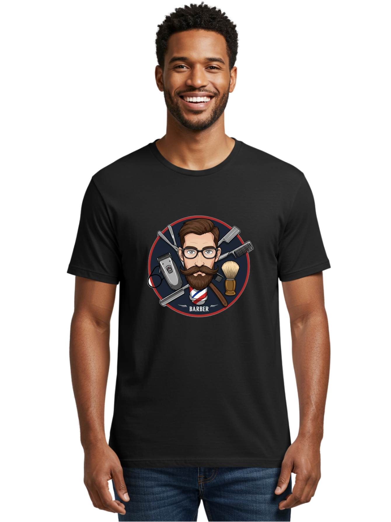 Barber-1 Men'S Graphic Tee, 100% Cotton, Comfortable Casual Summer Wear, Machine Washable, Barber Logo, Cartoon Barber, Grooming Tools, Hair Clippers, Straight Razor, Shaving Brush, Beard Care, Masculine Style, Vintage Barber Shop Bac598 18