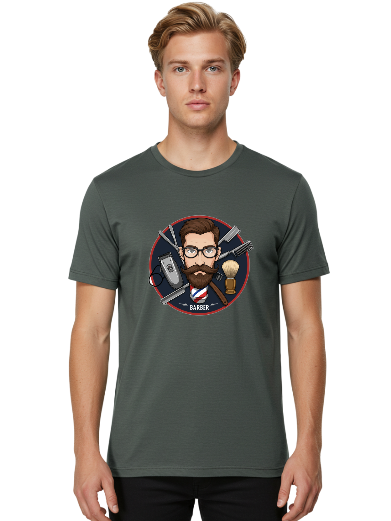 Barber-1 Men'S Graphic Tee, 100% Cotton, Comfortable Casual Summer Wear, Machine Washable, Barber Logo, Cartoon Barber, Grooming Tools, Hair Clippers, Straight Razor, Shaving Brush, Beard Care, Masculine Style, Vintage Barber Shop Bac598 21